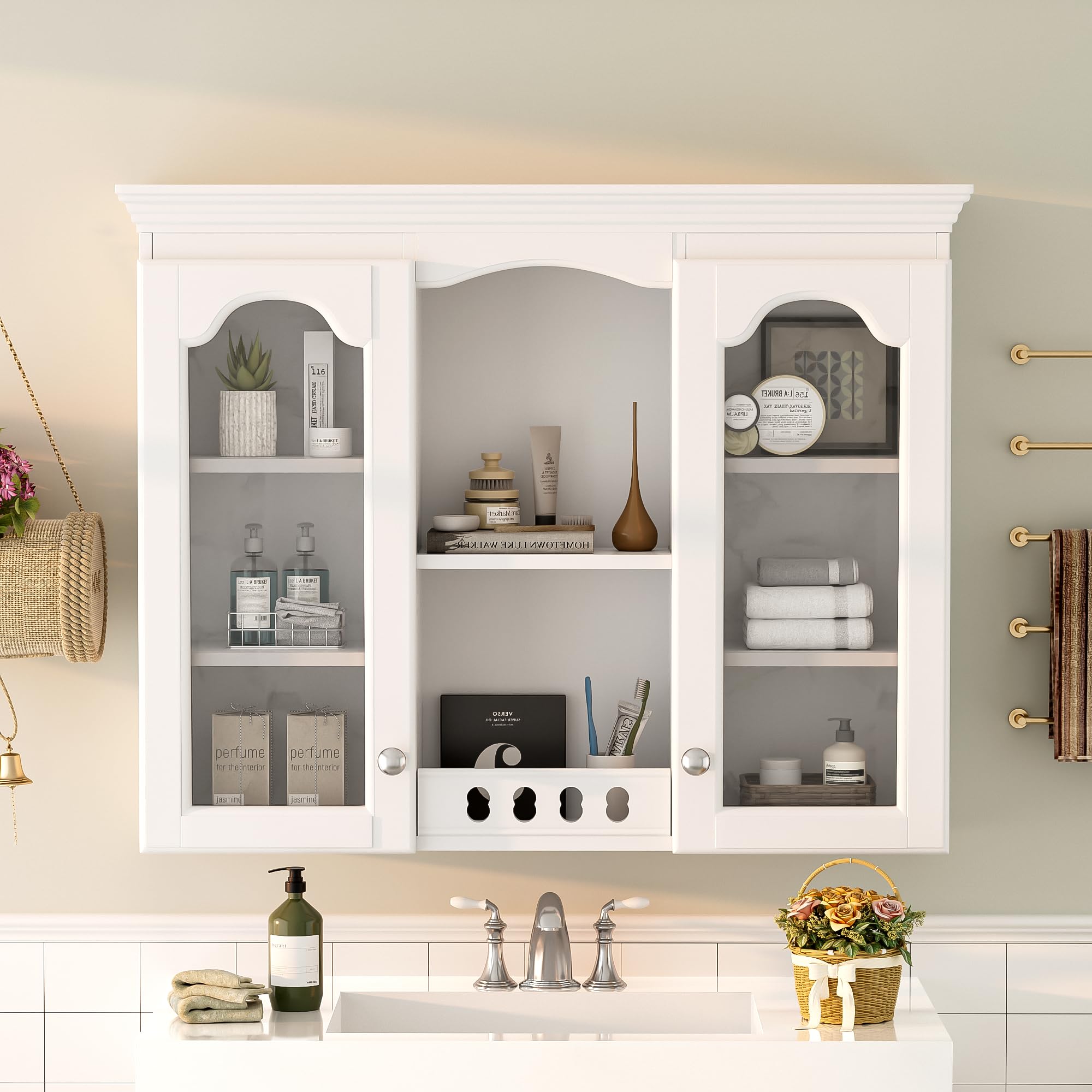 Virubi Medicine Cabinet, 36" x 28" Wall Mounted Bathroom Storage Cabinet with Glass Doors and Open Shelves, Over The Toilet Storage Cabinet