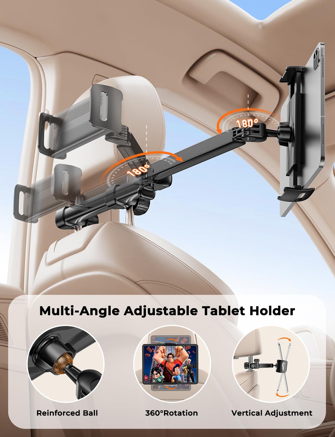 Support Tablette Voiture - [Bras Long Extensible 46cm 3-en-1] Support Appui-Tête Arrière Auto, Rotation 360° Porte-Tablette de Voyage, Compatible avec iPad, Switch, Smartphones 4,7-13"