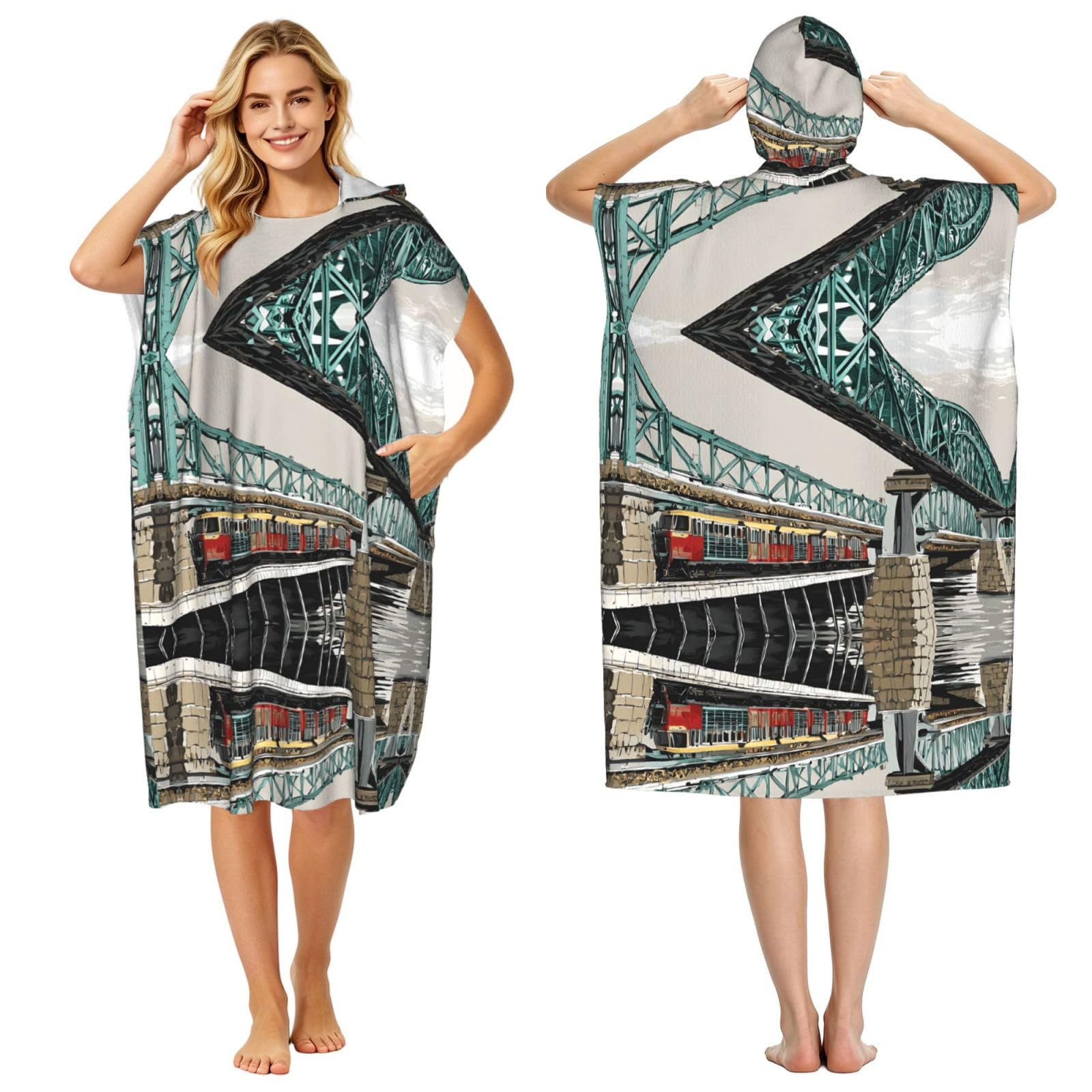 Poncho à capuche en microfibre imprimé train serviette de bain