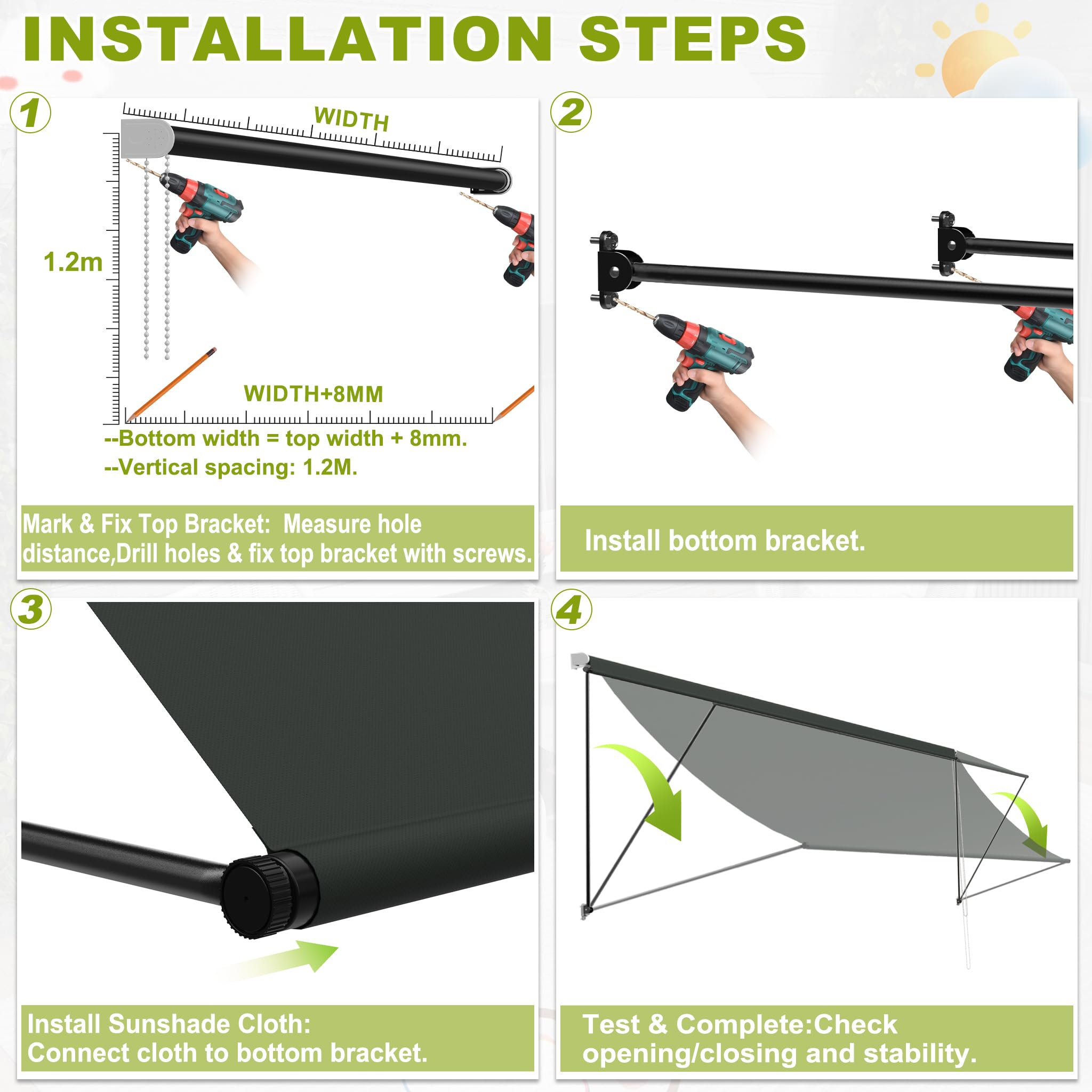 UISEBRT Store de fenêtre rétractable 300 x 145 cm, store de balcon avec cordon et barre de support en aluminium, protection UV, résistant aux intempéries, pour fenêtre, terrasse, balcon, anthracite
