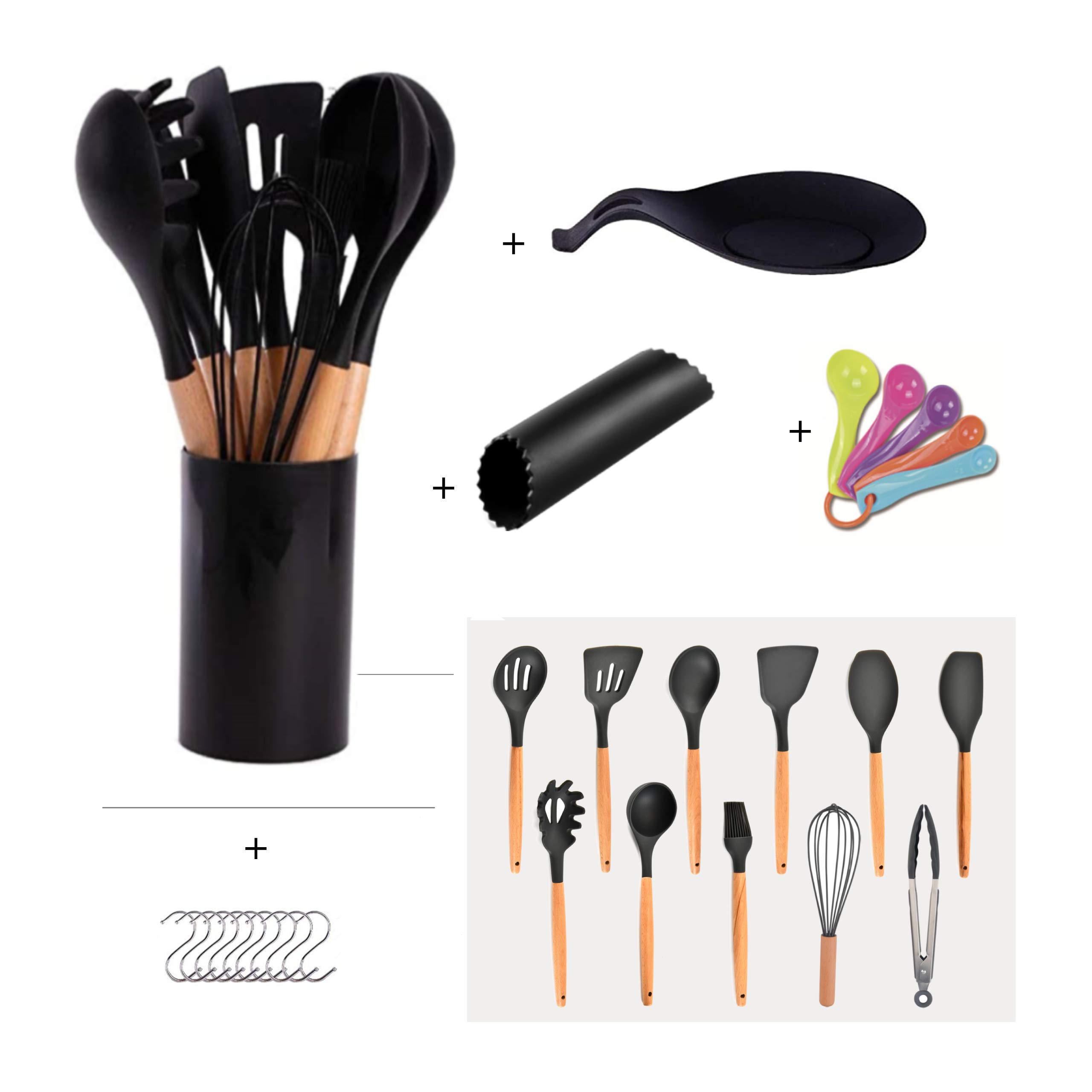 Silicone Kitchen Utensils Cooking Spoon Set Wood handle 16 pcs Heat resistant Non-scratch tools Spatula Turners Tongs Whisk Ladle Garlic peeler Kitchenware accessories Holder Hooks Measuring spoons