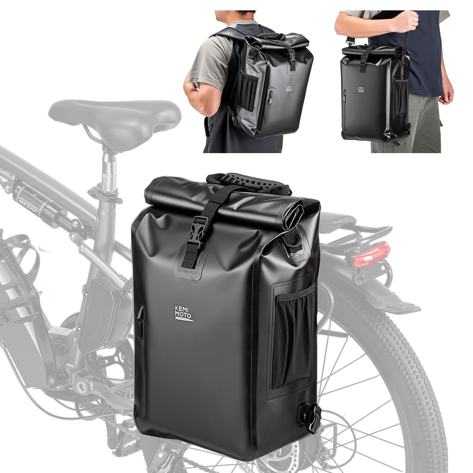KEMIMOTO Borsa da Bicicletta Impermeabile 27 L, Borsa da Portapacchi Posteriore con Scomparto per Laptop, Zaino 3 in 1 Multifunzionale, Utilizzabile come Zaino, Borsa a Tracolla o con Maniglia