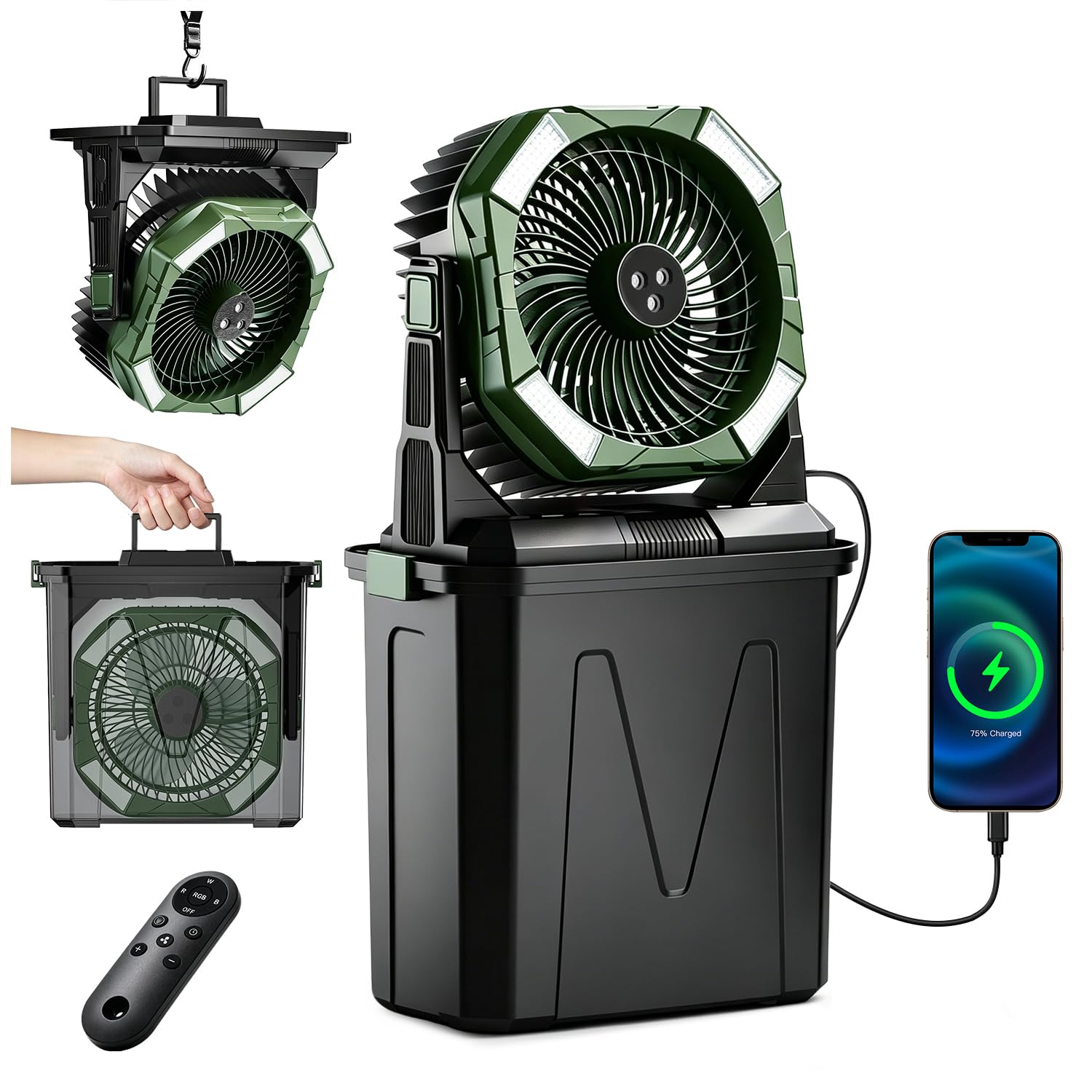 yAyusi 10L Großer Tragbarer Nebelventilator für Außenbereich mit RGB-Beleuchtung, 3-in-1 20000mAh Akku-Wasservernebler mit Fernbedienung＆Timer, 4 Sprühmodi Windgeschwindigkeit für Terrasse (Grüne)