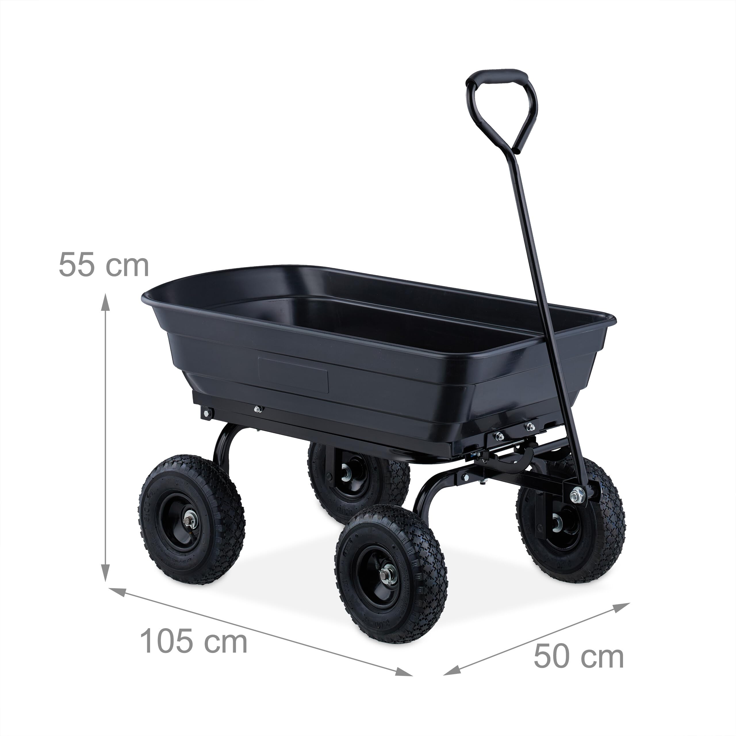 Relaxdays Carro de Jardín con Cubeta Basculante, Carrito de Mano 4 Ruedas Neumáticas 3,50-4, hasta 250 kg, Negro