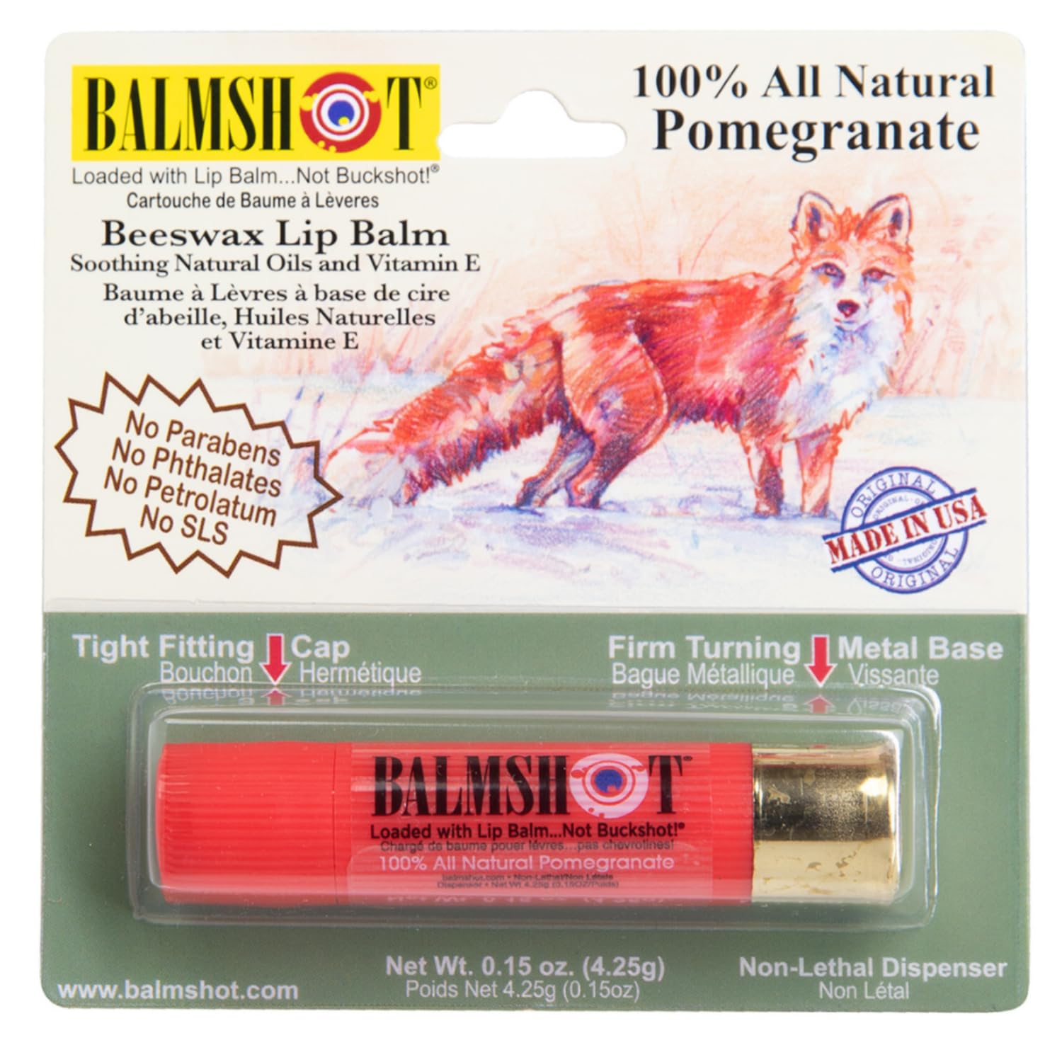 BALMSHOT Pomegranate Lip Balm SPF 15 Natural Beeswax Chapstick Moisturizing Lip Protector for Very Dry Lips 20-Gauge Brass