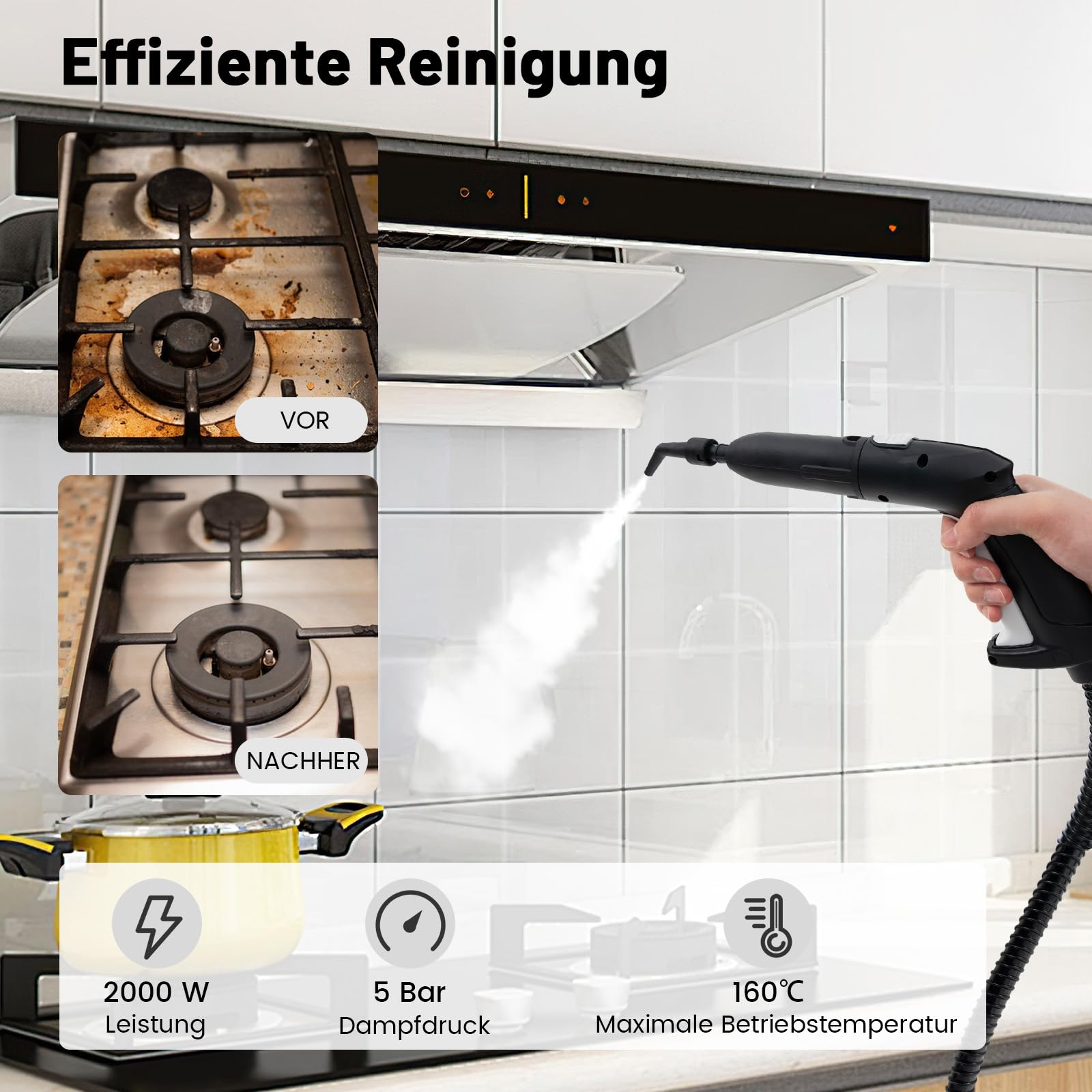 RELAX4LIFE Dampfreiniger 2000W, Dampfdruck: 5 bar, Flächenleistung: 108 m², Tank: 1,8 L, Aufheizzeit: 8 min., mit 22 Zubehörteilen, Dampfsauger für Teppiche, Böden, Fliesen, Fenster, Polster (Weiß)