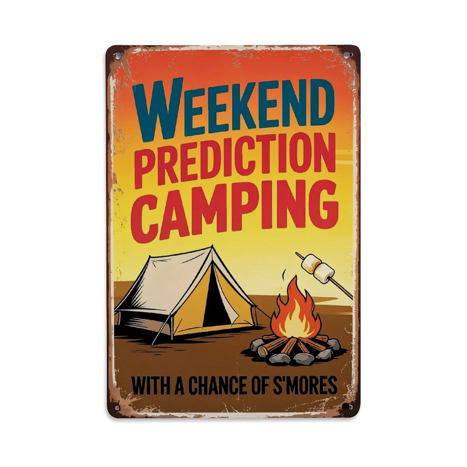 Jdfenggu Vintage Weekend Prediction Camping Tent Fire S'mores Campsite Retro Metal Tin Sign, Decor Art Poster For Bar, Home, Man Cave, Kitchen, Laundry Room Gift 8X12inch