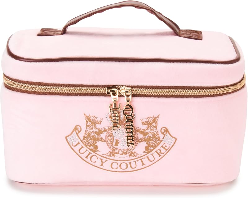 Necessaire de maquiagem Juicy Couture rosa em veludo, modelo Train Case, com cachorro Gold Terroir