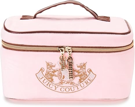 Juicy Couture Pink Makeup Bag Cosmetics Organizer Travel Essentials Train Case Gold Terroir Dog Rhinestone Crown Velour