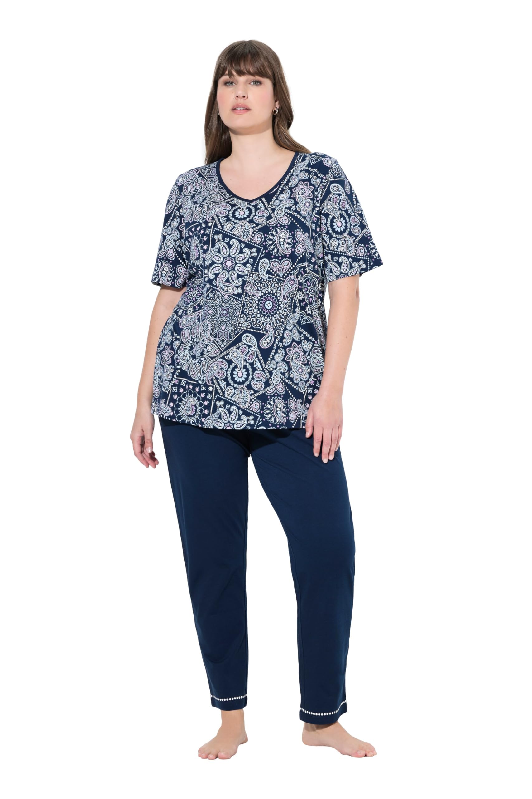 Ulla Popken Women's V-Neck Half Sleeve Pocket Pyjamas, midnight blue, 42-44
