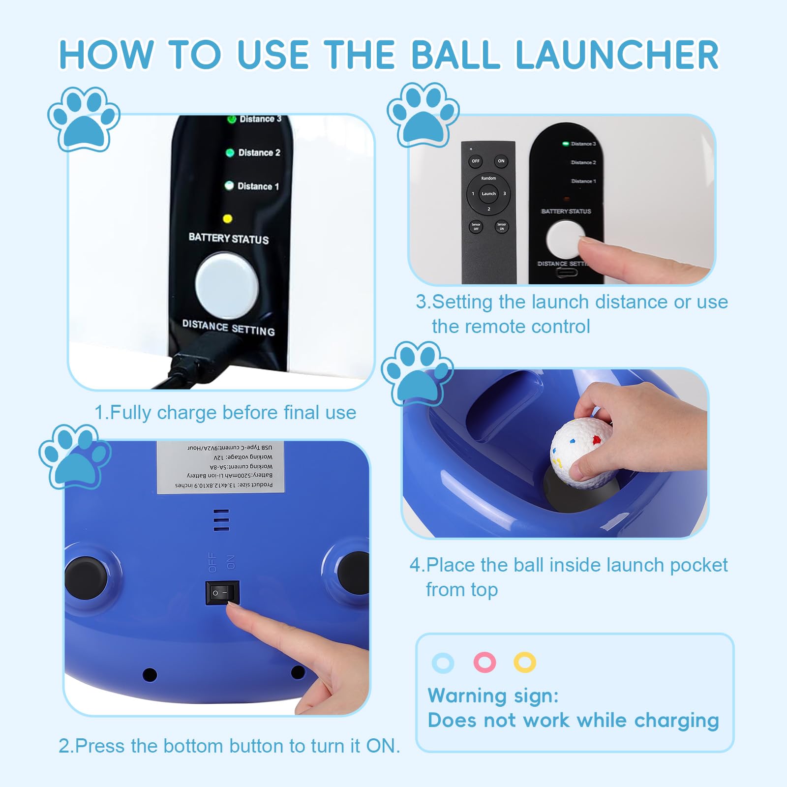 FAHKNS Automatic Ball Launcher for Large Dogs: 40/60/80FT Distance Dog Ball Thrower with Remote Control, 3 Adjustable Distances & Random Mode, 8 Pack 2.5" E-TPU Balls Included - image 5