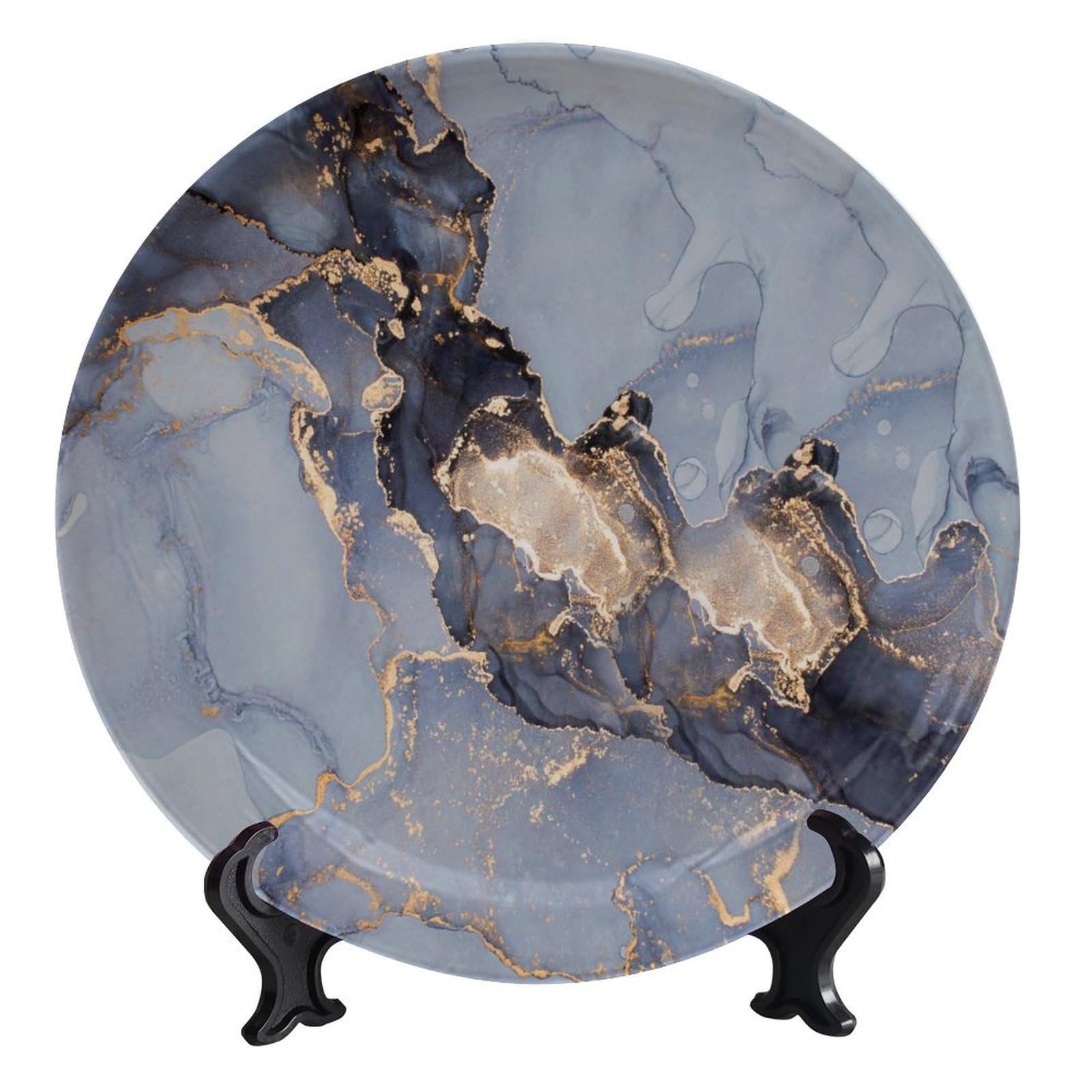 Platos decorativos de cerámica de mármol, 20,3 cm, placa redonda de mármol azul y gris, platos decorativos con soporte, para decoración de sala de estar, cocina, armario, mesa