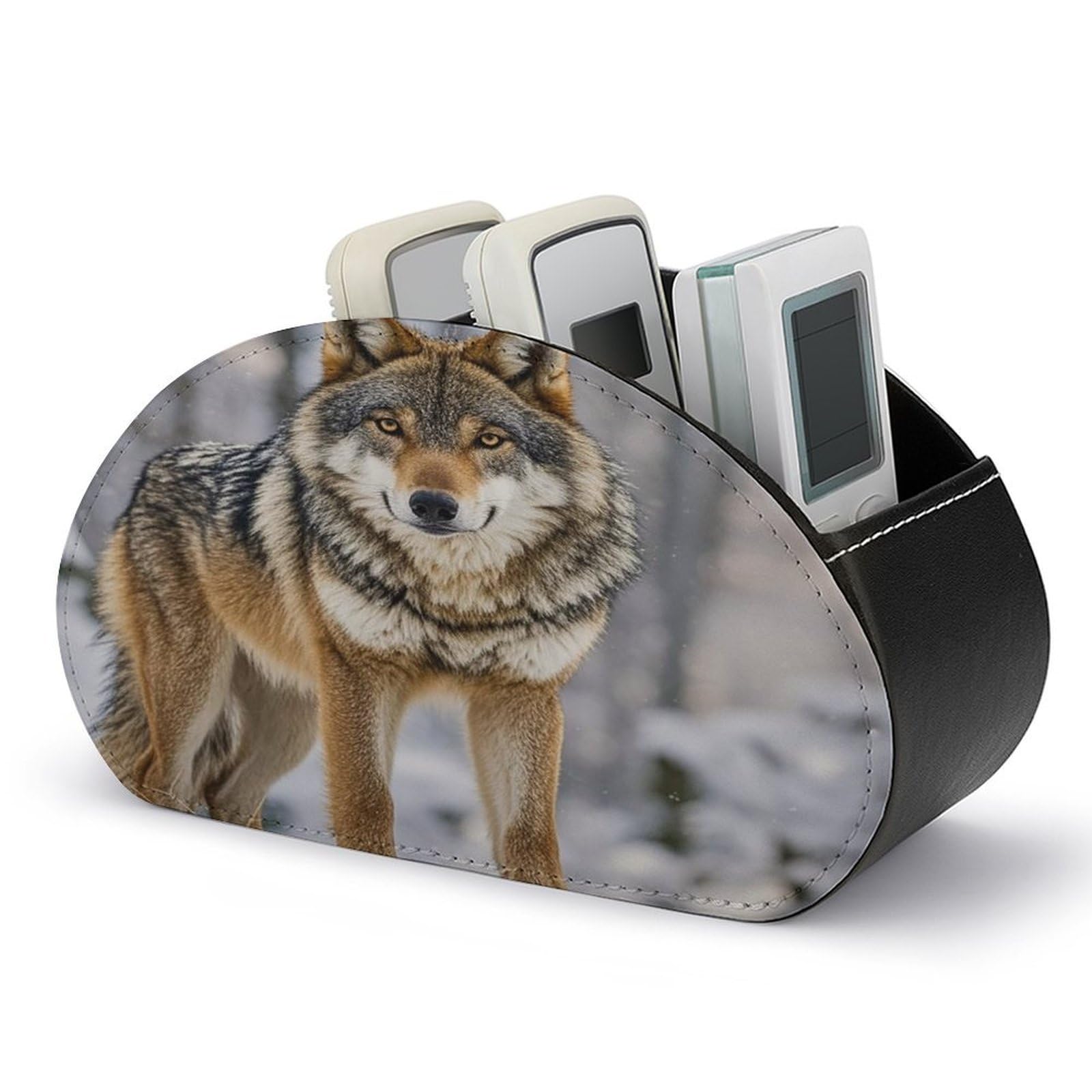 FekiLoot Wolf TV Remote Control Holder with 5 Compartments Multi-functional Leather Bedside Table Remote Caddy Desktop Storage Box for Store Pen Controller Media Player Cosmetic