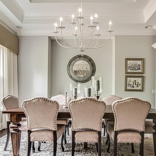 Miniatura 5 de Maxax Candelabro de campo francés, lámpara de araña blanca antigua de 2 niveles y 9 luces, lámpara colgante de vela rústica de 31 pulgadas para