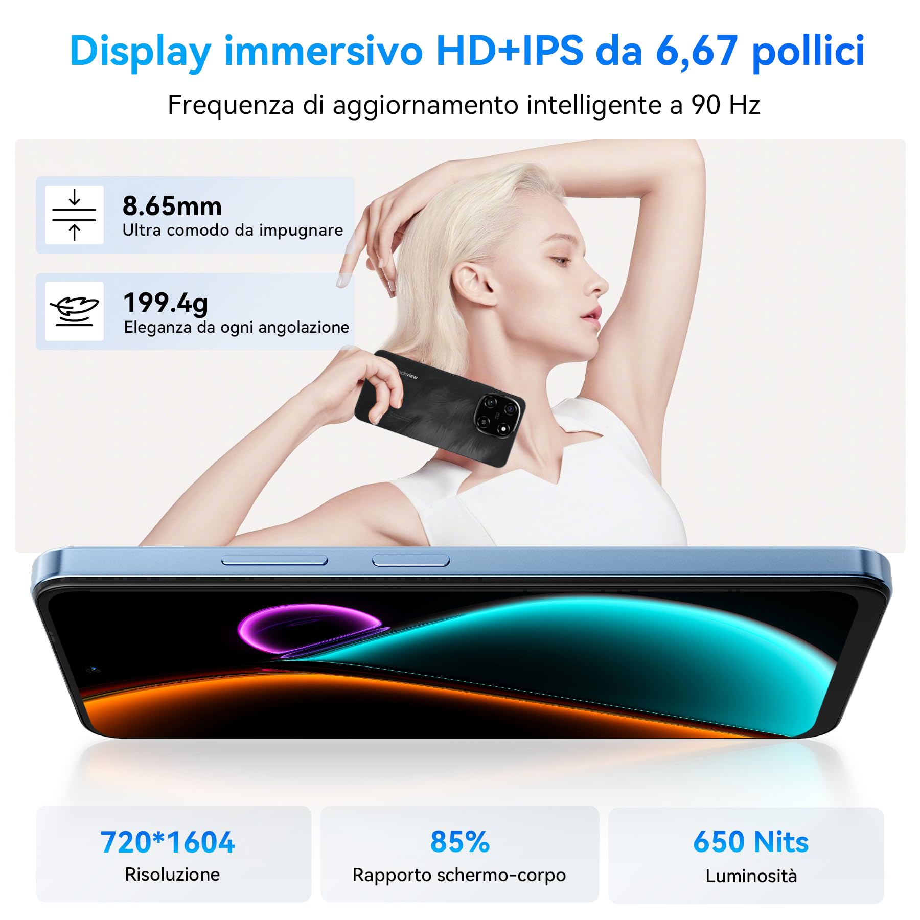 Blackview Color 6 Smartphone 24GB+256GB Android 15 Telefono, 50+13MP, MTK G81 Core, Cellulari 6.67" 90Hz, 5000mAh, Cellulare Telefoni Dual SIM/Fingerprin/Face ID/GPS/OTG/3.5mm Jack