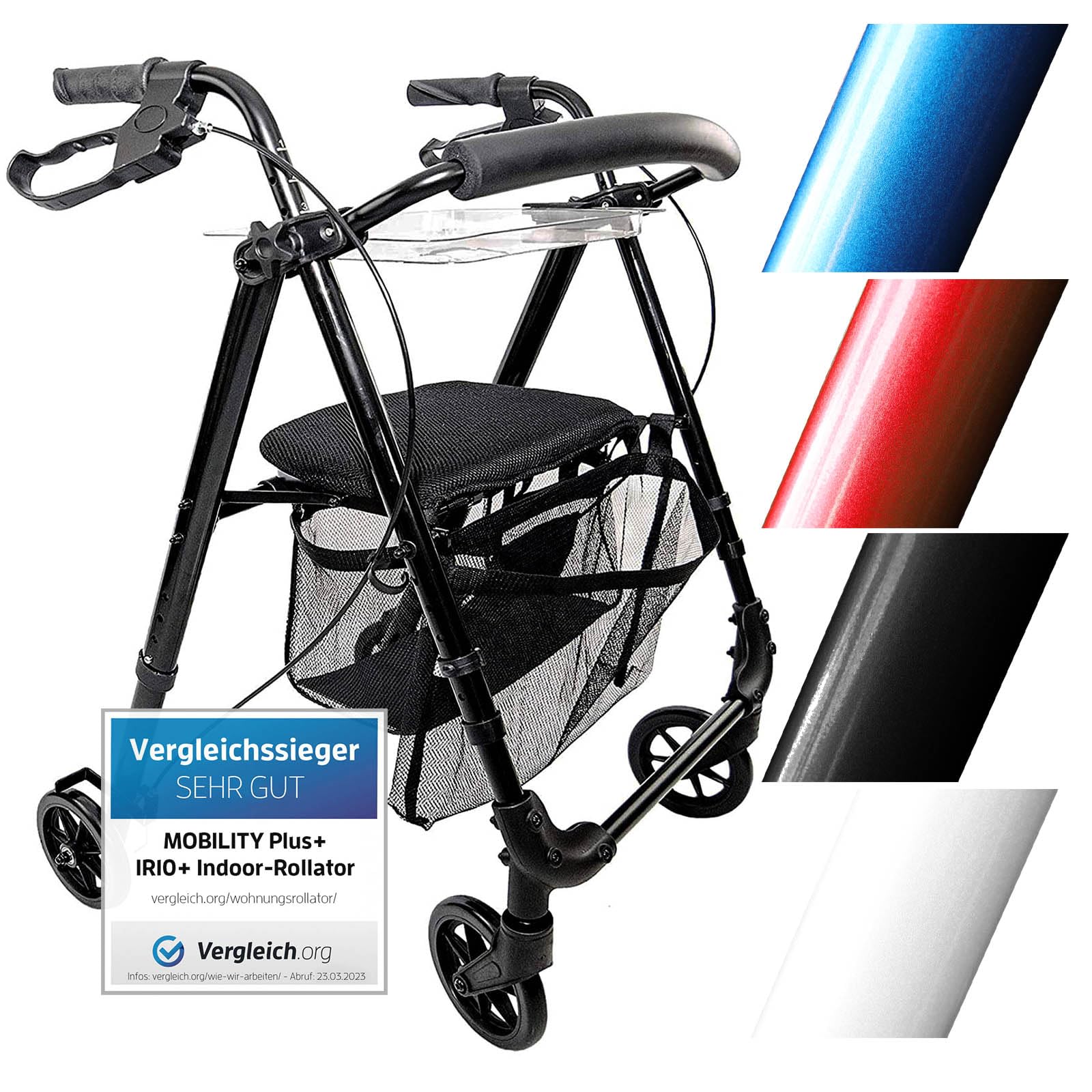 Indoor Rollator IR10+ Schwarz - schmaler Wohnungsrollator leicht & faltbar | kompaktes Leichtgewicht - Sitz & Griff höhenverstellbar - Gehilfe Gehwagen für Senioren mit Rückengurt Netztasche Tablett