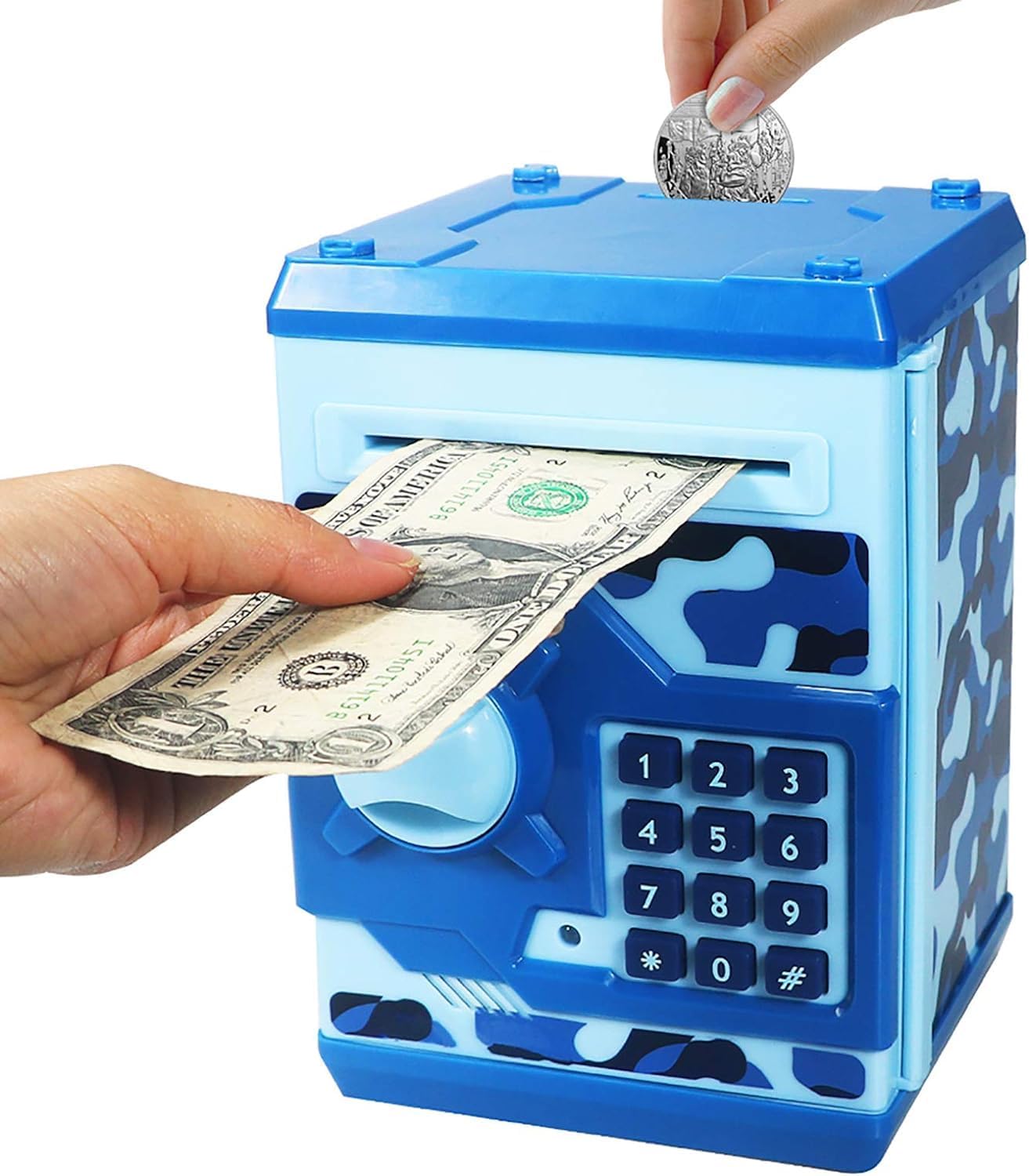 ORCHID M®Electronic Piggy Bank, Mini ATM Password Money Bank Cash Coins Saving Box for Kids, Cartoon Safe Bank Box Perfect Toy Gifts for Boys Girls (Blue Camouflage)