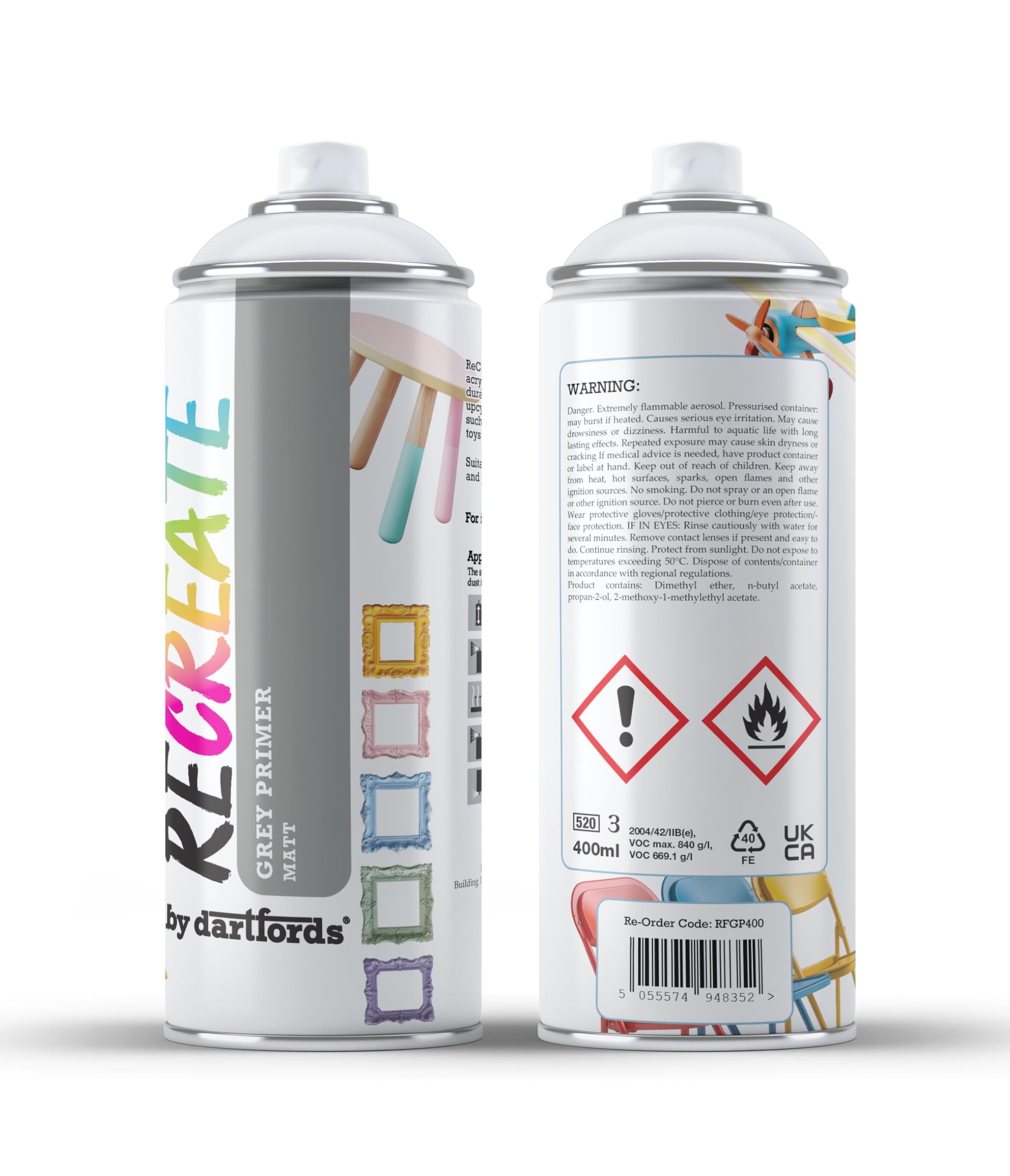 dartfords RECREATE Grey Spray Primer for Wood, Metal, Plastic | Quick Drying, Smooth, Durable, Easy-to-Apply, Multi-Surface | Suitable for Indoor/Outdoor | For Furniture, Craft, Doors, Pots, Frames
