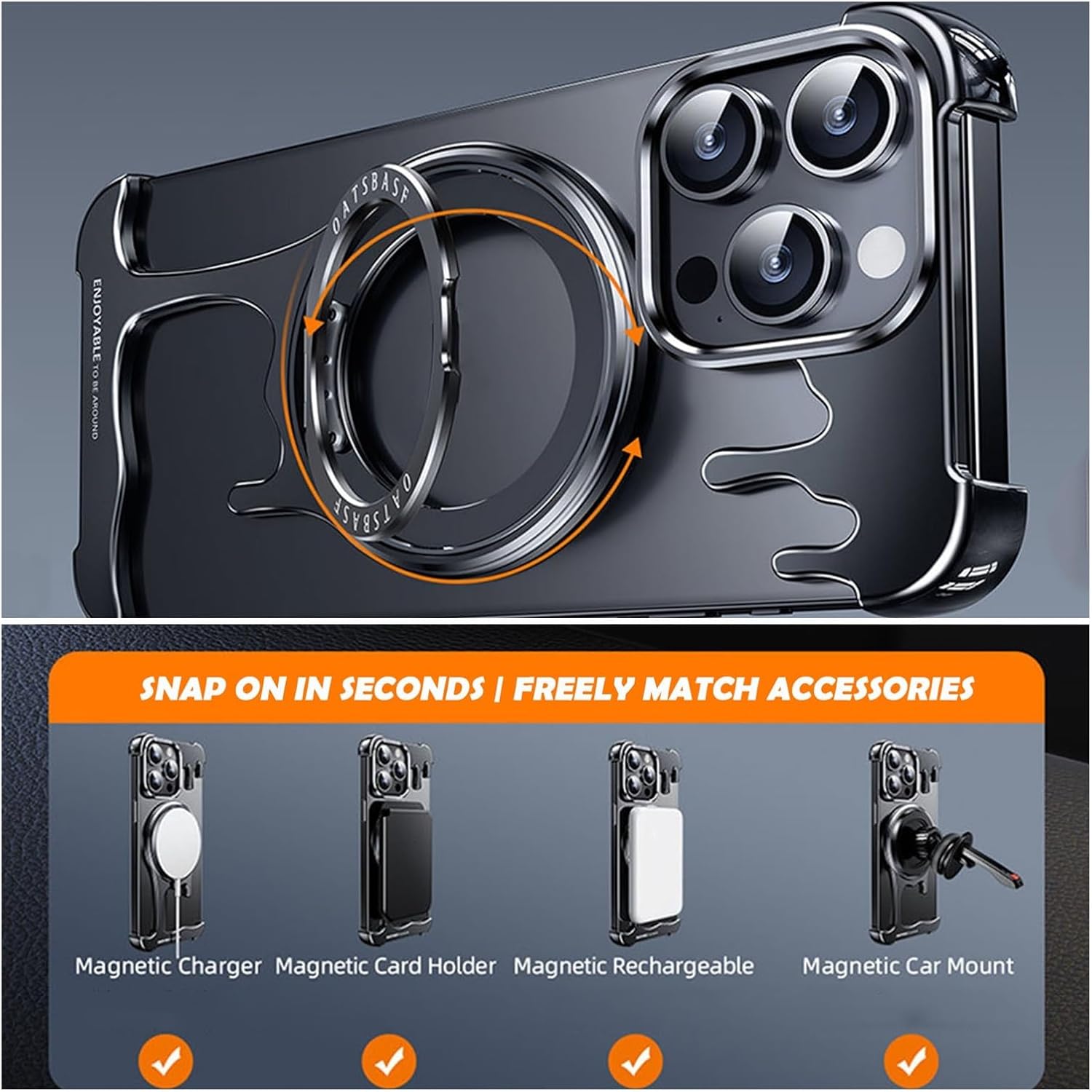 Frameless Metal Case for iPhone 16 Pro Max/16 Pro, Ultra-Thin Aluminum Alloy Bumper, Compatible with MagSafe, Minimalist Sleek Shockproof Design Borderless Anti-Fall Protective(Titanium,16 Pro)