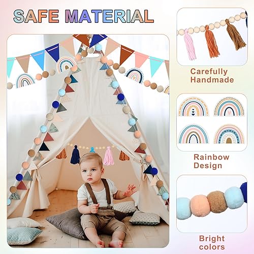 Miniatura 3 de Sumind 5 guirnaldas de borlas de arco iris, guirnalda bohemia con pompones, guirnalda de bola de fieltro de arco iris, guirnalda colorida para aula,