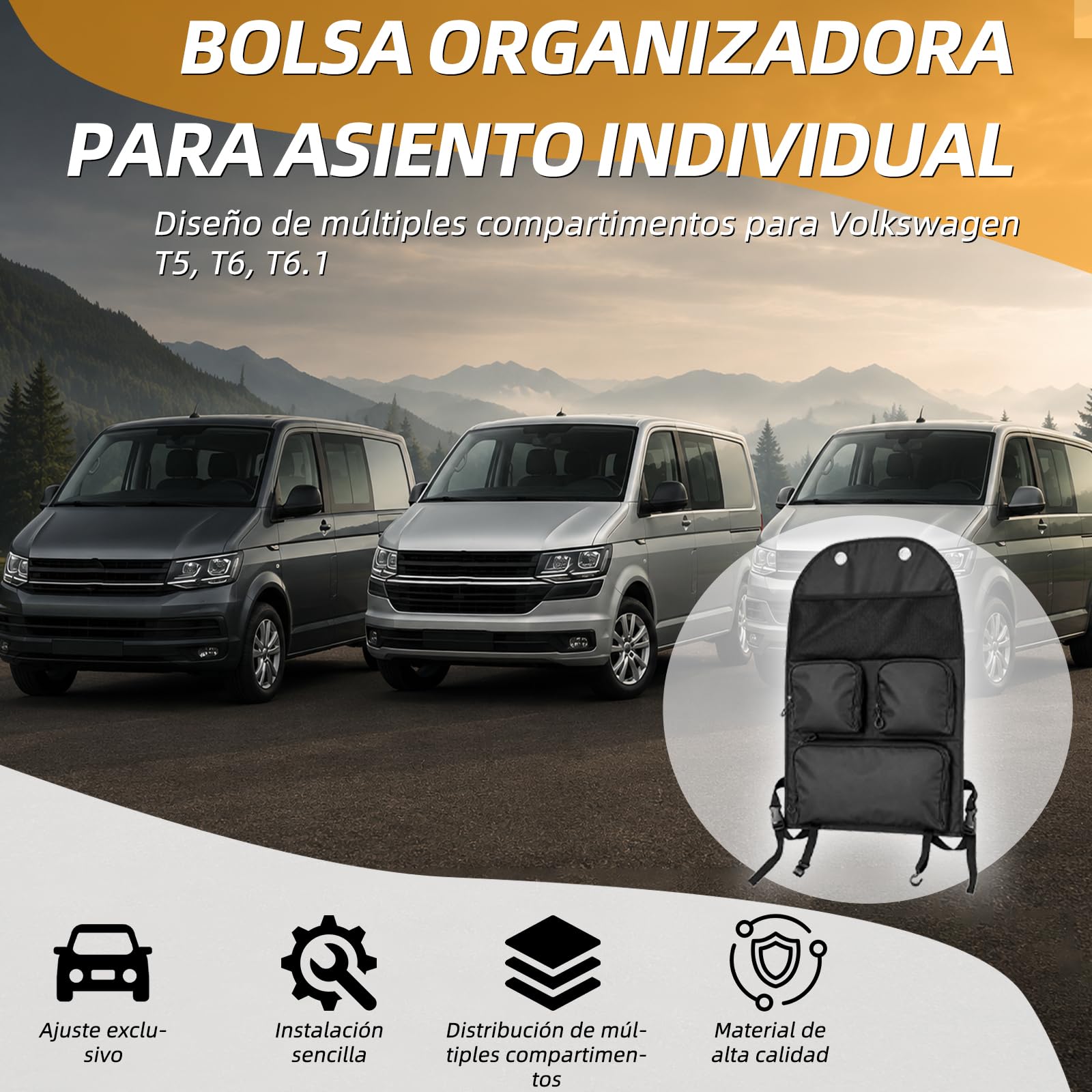 Organizador para asiento de coche, bolsa de almacenamiento con múltiples compartimentos, apto para Volkswagen T5, T6 y T6.1, impermeable y resistente a la humedad, ideal para camping y viajes