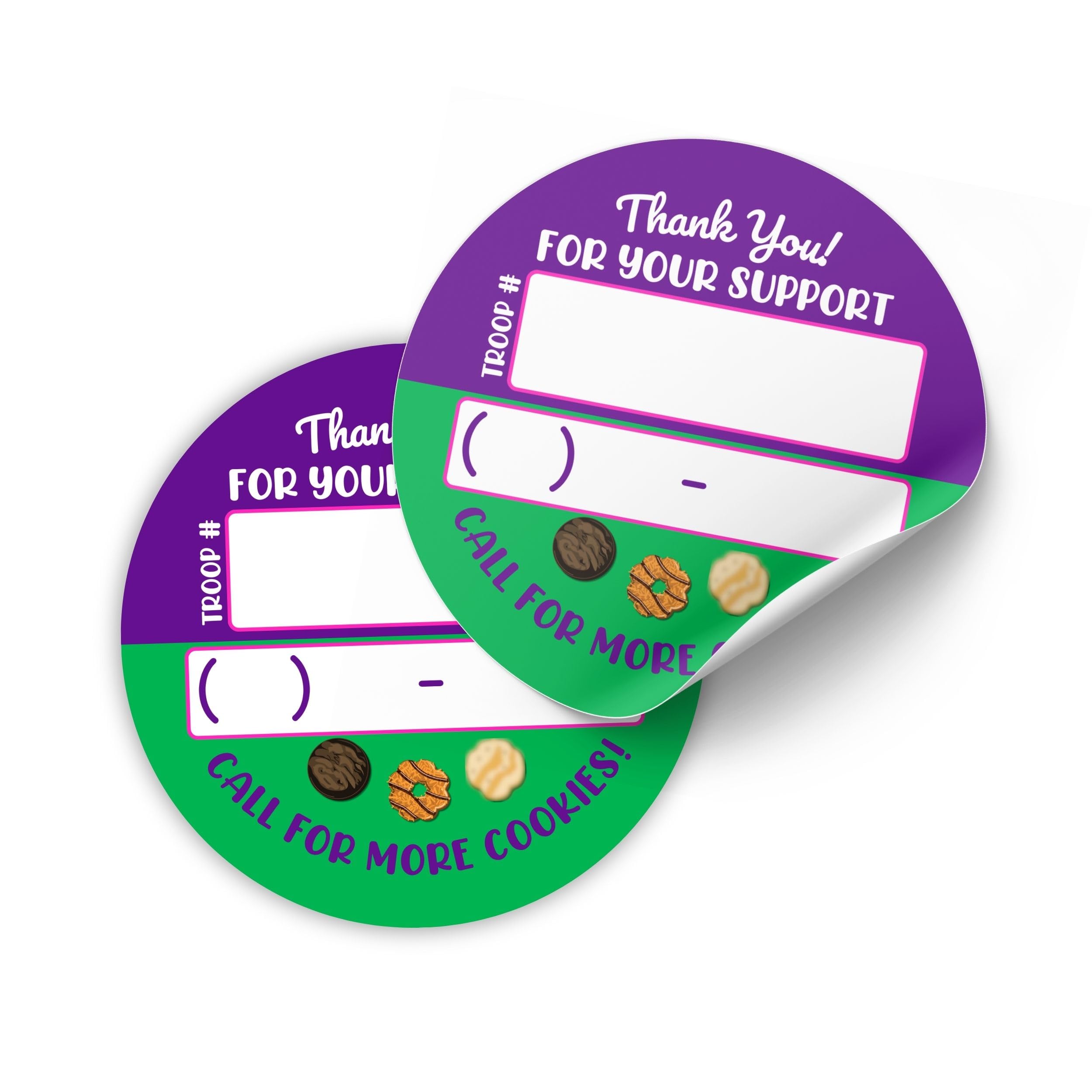 Scout Cookie Reorder Sticker Thank You for Your Order Cookies Boxes 250pc/ roll 2” Round Card Purple Green Troop Call for More Tally Marketing