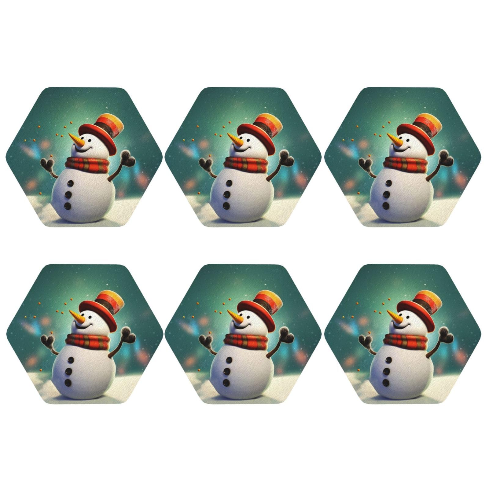 6pcs Leather Coasters for Drinks, Funny Snowman Drink Coasters for Tabletop Protection, 4" Cup Coasters for Coffee Table Decor, Non-Slip Drinking Cup Mat for Hot Or Cold Drink