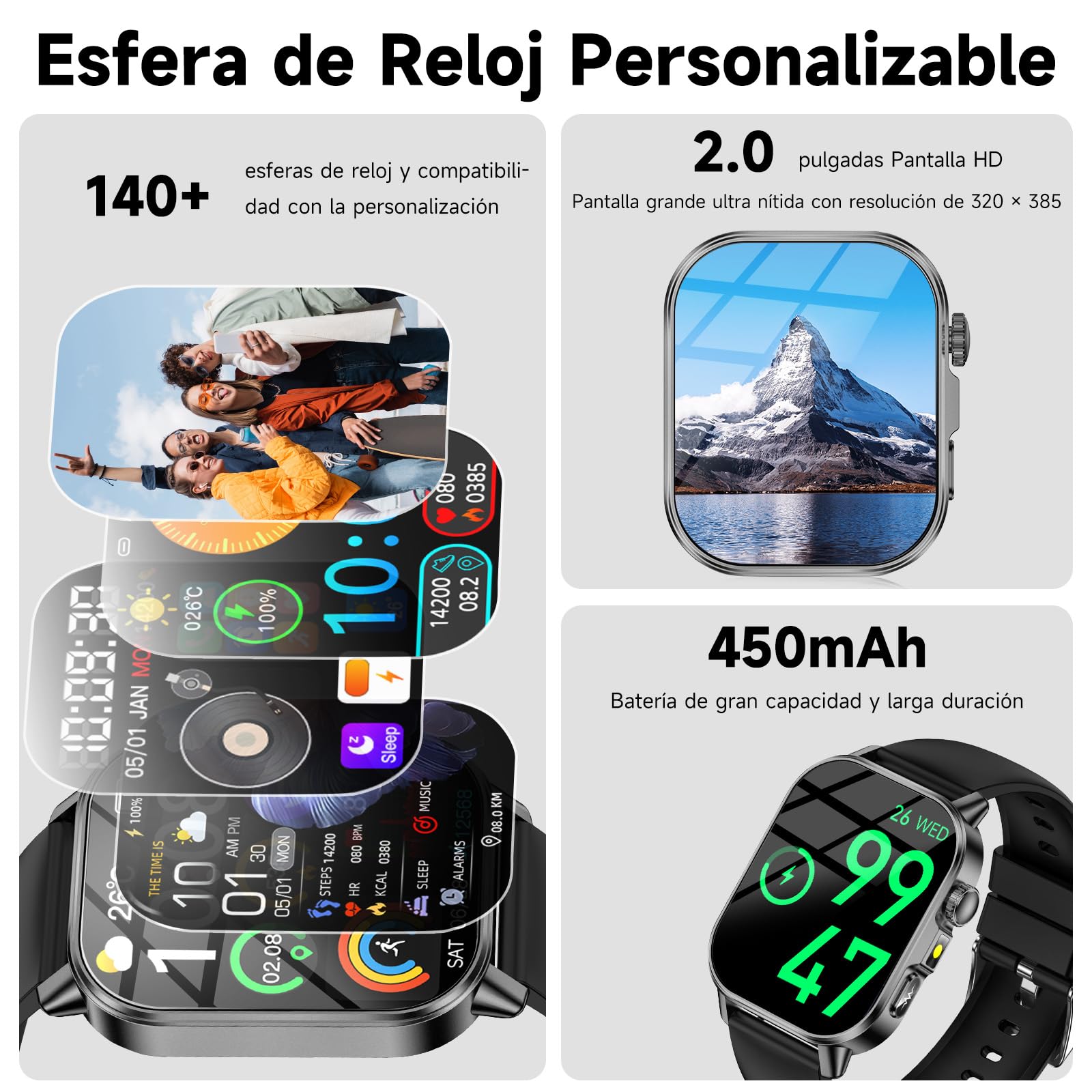 2026 Reloj Inteligente con ECG+HRV/Presion Arterial/Sueño/SpO2/Hombre Mujer | 2,0" HD Reloj Salud, Composición Corporal/24H Pulsómetro, Temperatura Corporal/IMC/Microchequeo/SOS/ /LED/Fatiga/Emociones