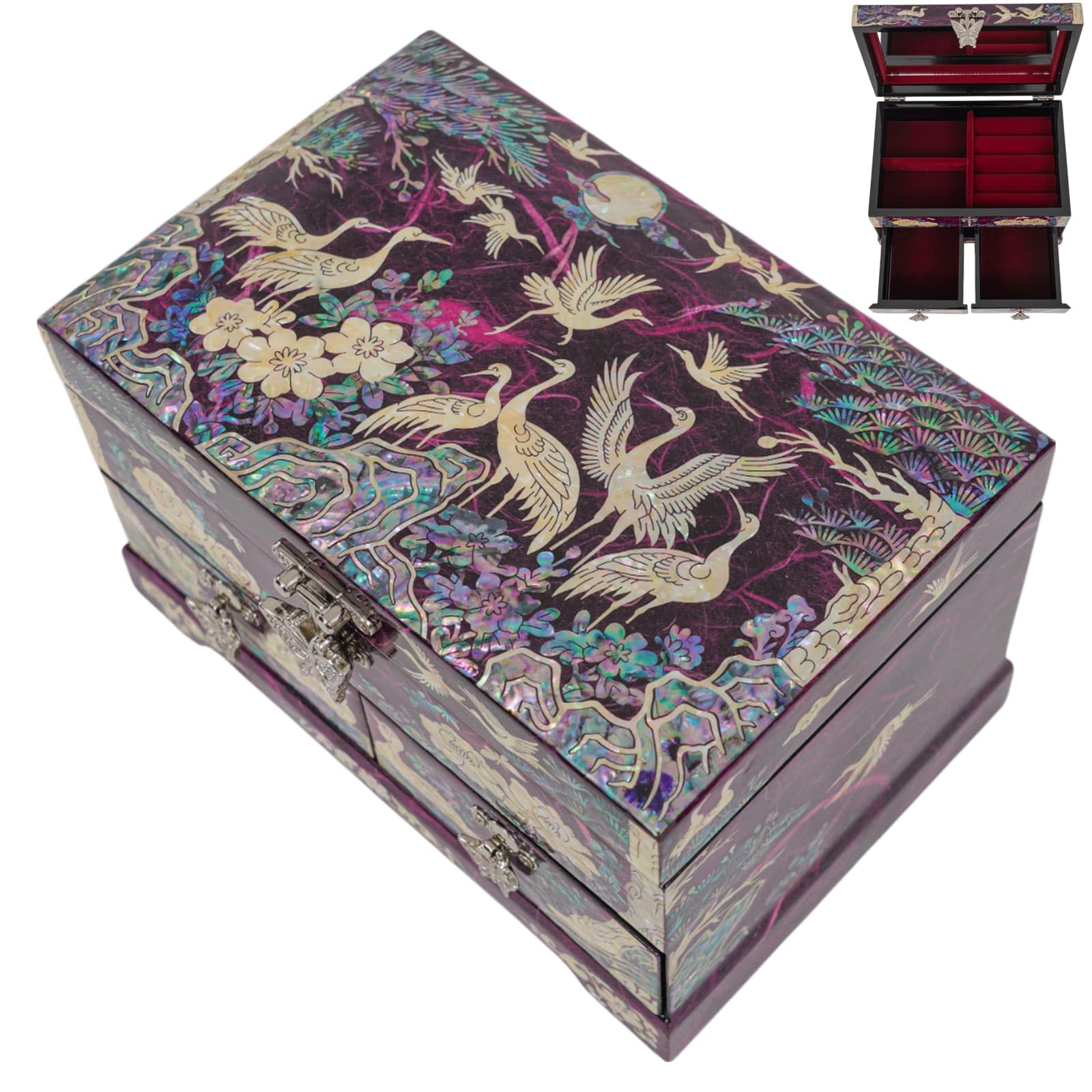 February Mountain Women's Black Korean Mother Of Pearl Jewelry Box – 2-Drawer Keepsake Box With Mirror, Traditional Oriental Trinket Organizer – Gift For Mom, Wife, Anniversary (Crane And Pine Tree - Purple)