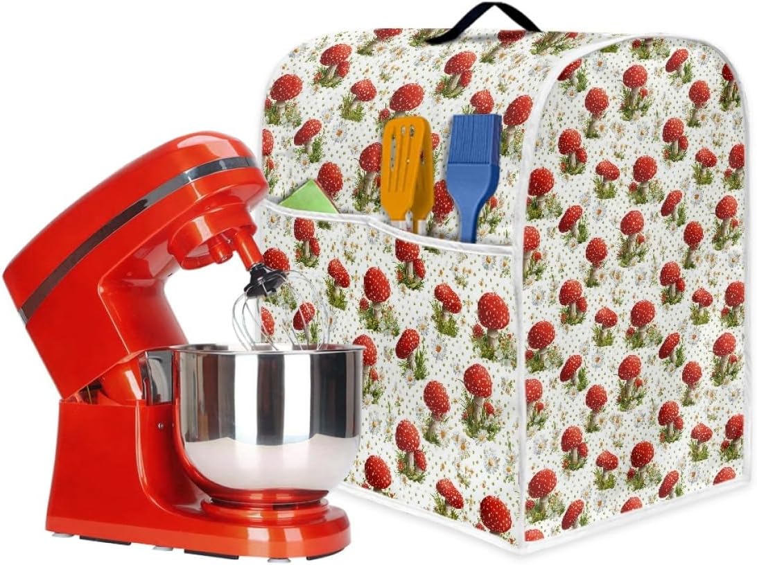 Dust Cover Compatible with Stand Mixer, Cloth Cover with Pockets for Stand Mixer and Extra Accessories (Mushroom, XS(for 4.5-5 qt Mixer))