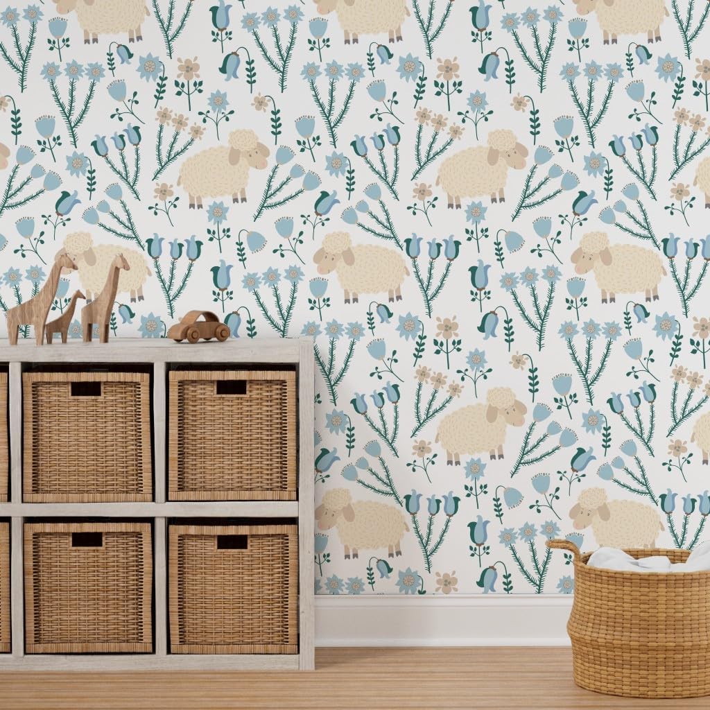 Peel & Stick Wallpaper 3ft x 2ft - Sheep Meadow Animal Farm Cute Garden Custom Removable Wallpaper by Spoonflower