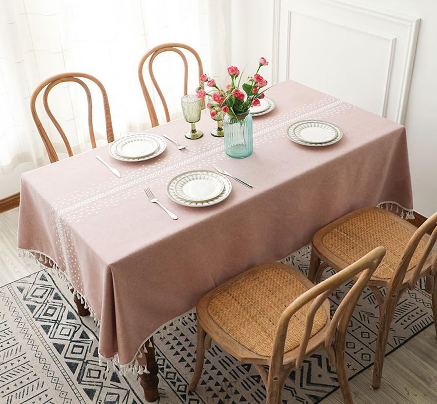 Tovaglia Bianca 140X240, Tovaglia Poliestere Punto con Nappa Copritavolo per Soggiorno Cucina