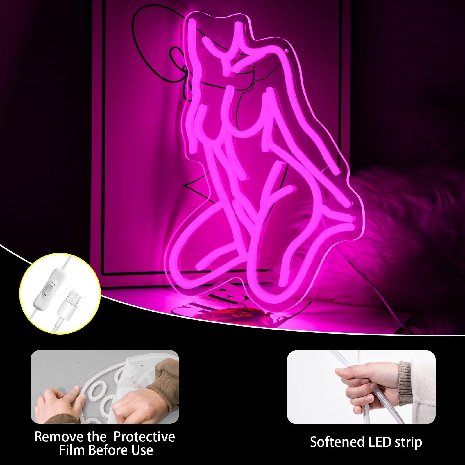 Panneau néon LED pour chambre à coucher, bar, fête, magasin, décoration murale à suspendre, cadeau sexy pour femme, homme, grotte, alimentation USB, rose rouge