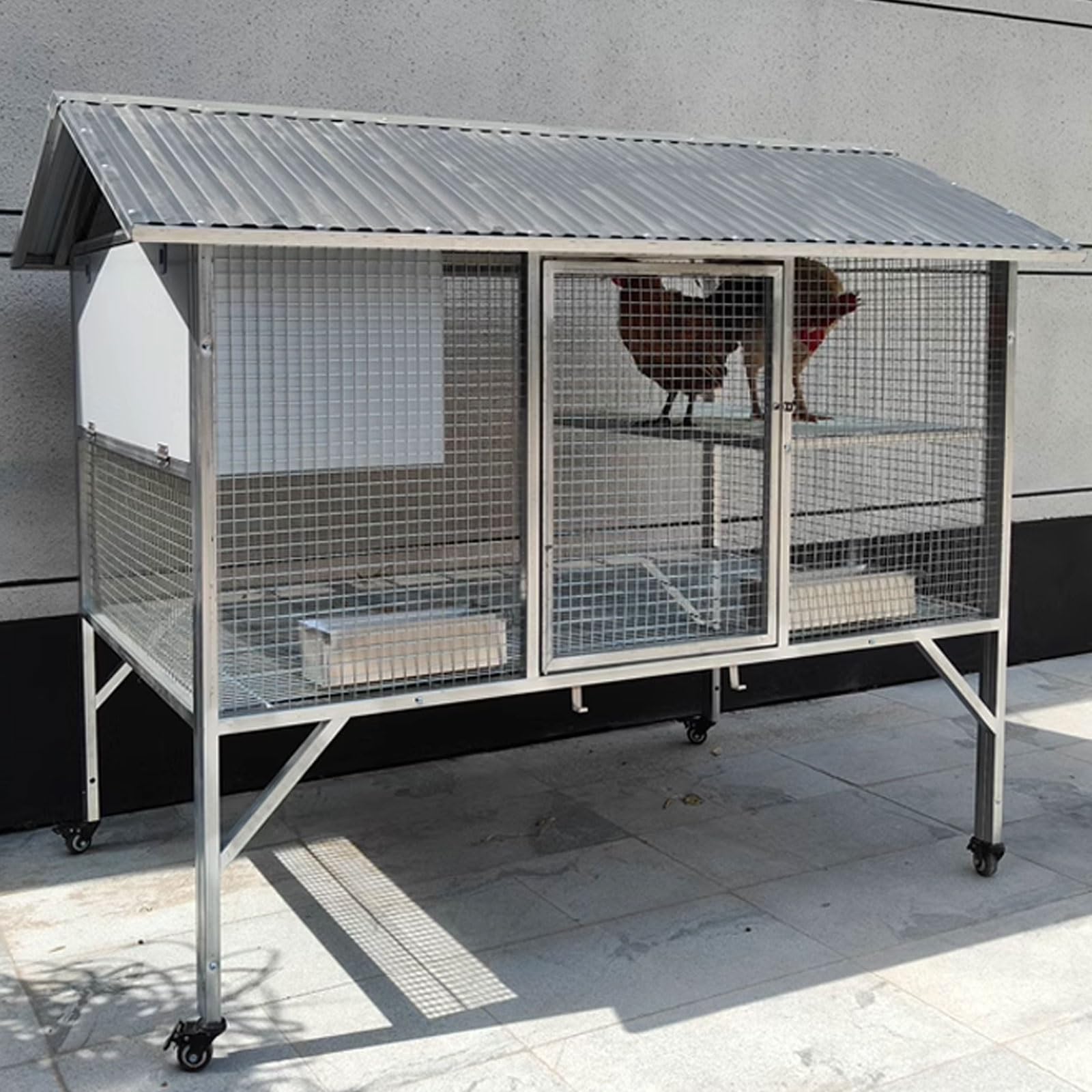 Casetta per Galline Ovaiole Realizzato in Tubo Zincato Ruota Universale Con Freno Nido per Galline Oche, Anatre, Conigli, Pollame Design Della Porta Rimovibile