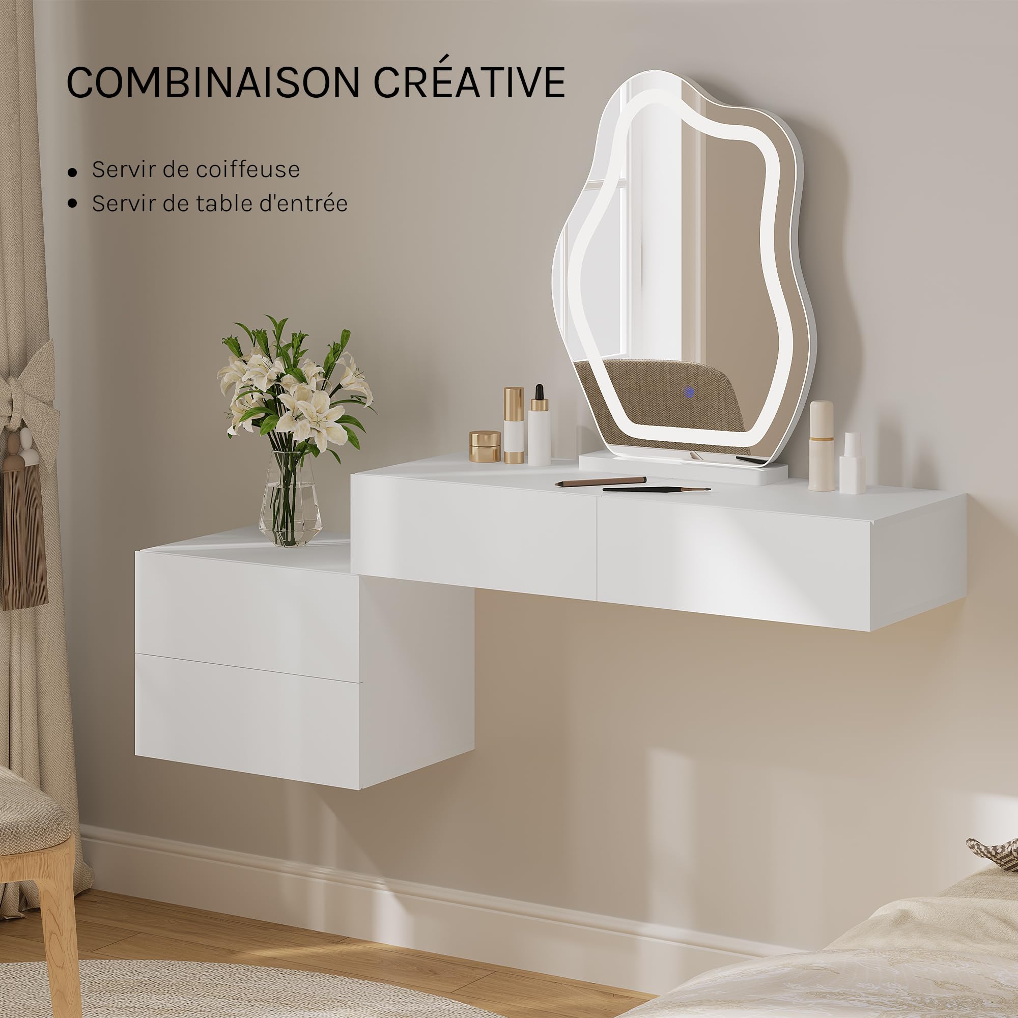 WOLTU Lot de 2 Table de Chevet Suspendue avec Tiroir, Blanc | Table de Chevet Murale, 40x30x14 cm, Moderne, en Bois