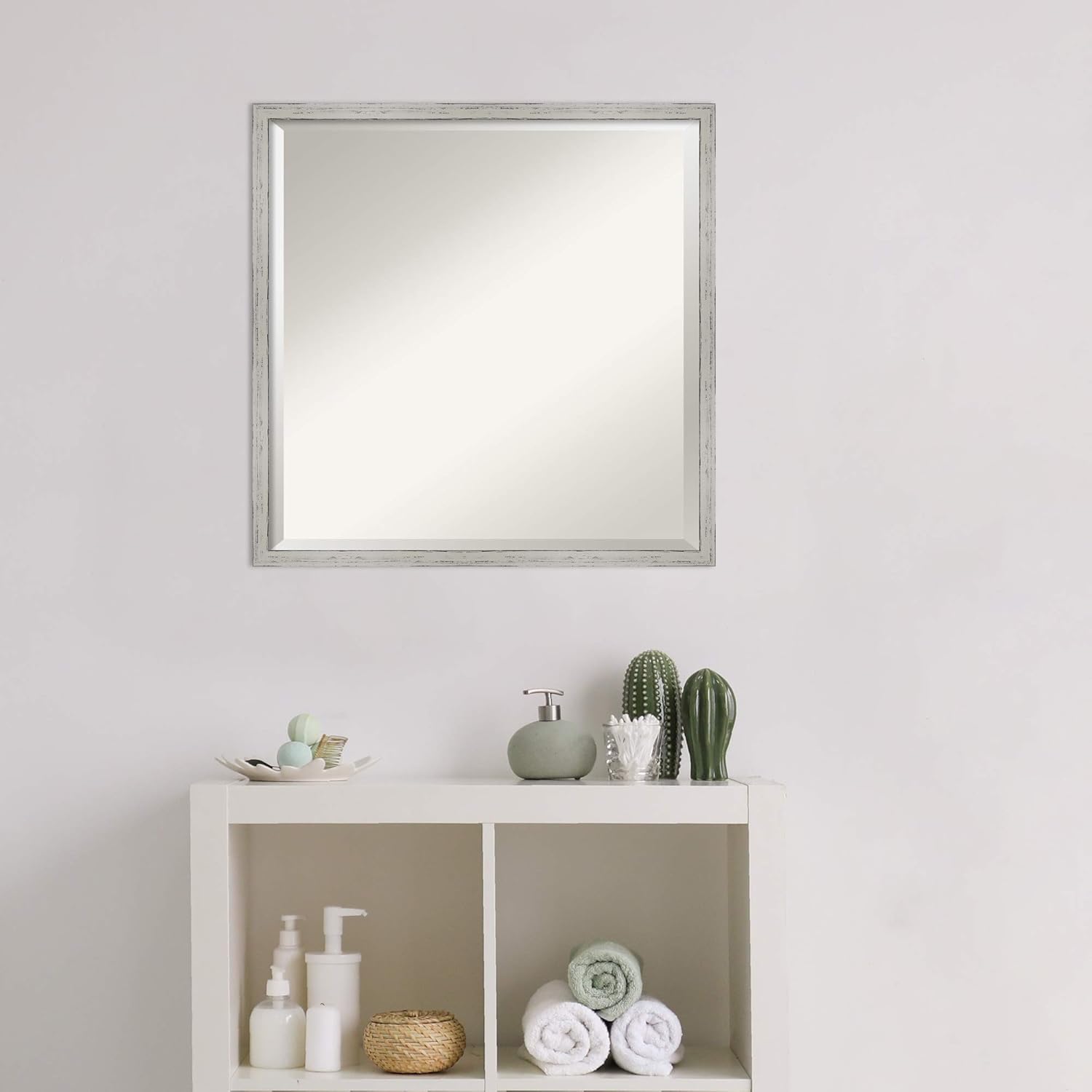 Amanti Art White Bathroom Mirror for Over Sink, 21x21 Shiplap White Narrow Square Vanity Mirror, Medium Cottage Wood Frame, Hangs Horizonally and Vertically, Bathroom Wall Decor, Beveled Edge
