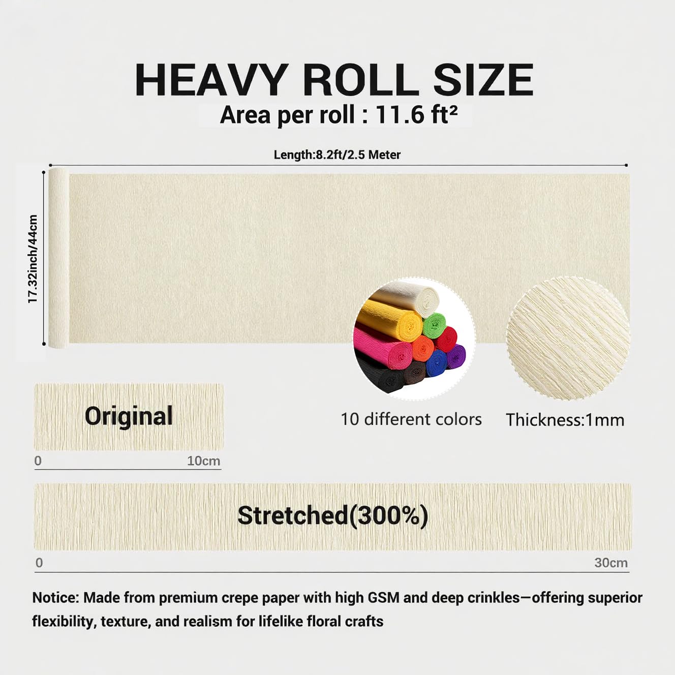 Schweres Krepppapier für Blumenherstellung, DIY Handwerk | Krepppapier in italienischer Qualität mit 300% Stretch | Papel Crepe de Colores Paquete (10 gerollt, Regenbogen)