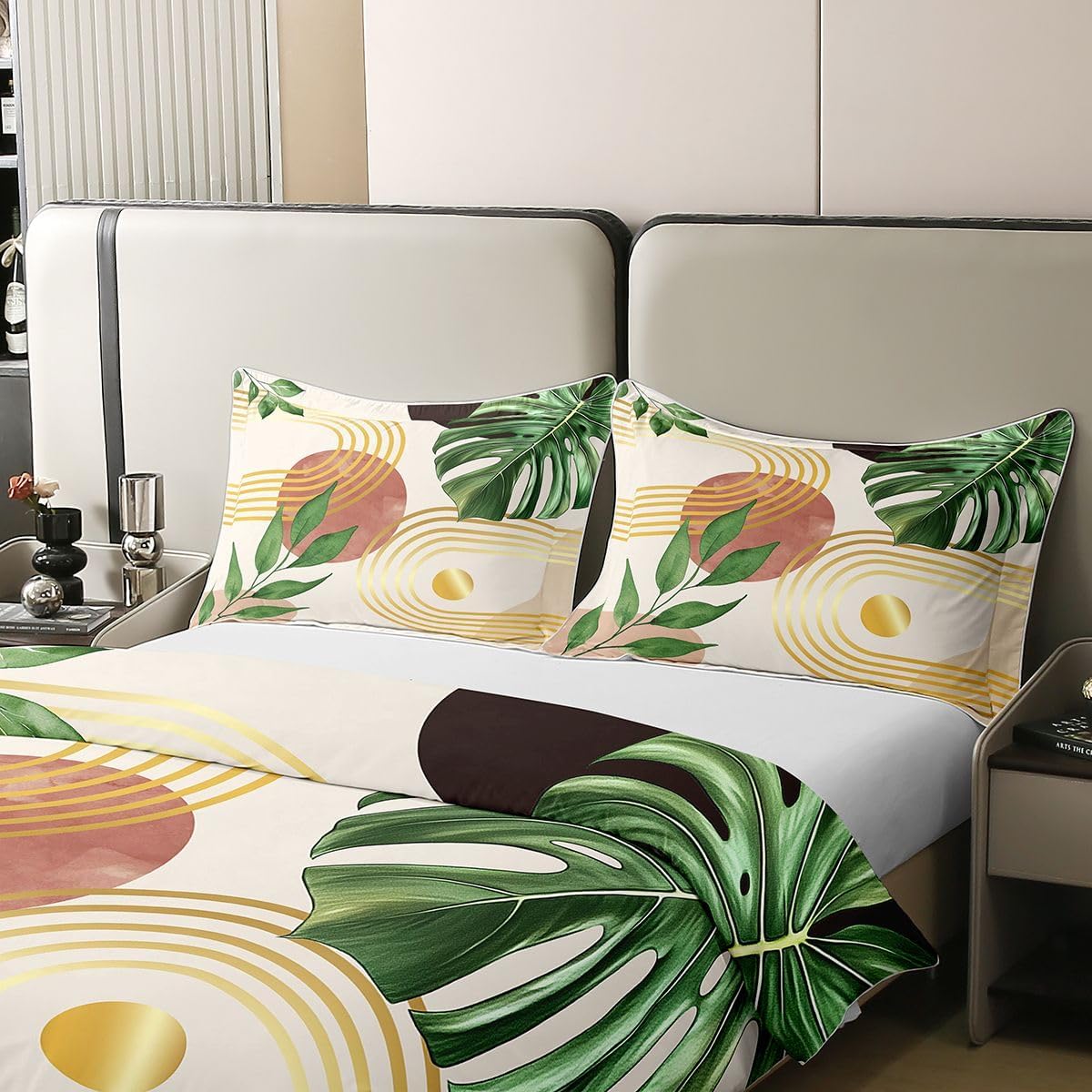 Erosebridal Palm Leaves 100% Natural Cotton Duvet Cover Queen Size Tropical Botanical Plants Comforter Cover for Kids Teens Golden Geometric Stripes Bedding Set Decor Nature Summer Theme Bed Set - Image 4