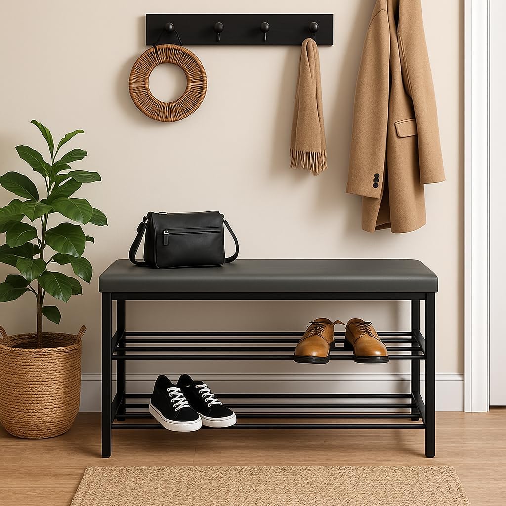 USTECH Shoe Storage Bench with 3 Tier Standing Shelf and Comfortable Seat | Perfect Entryway Cabinet and Long Bench Seat Solution