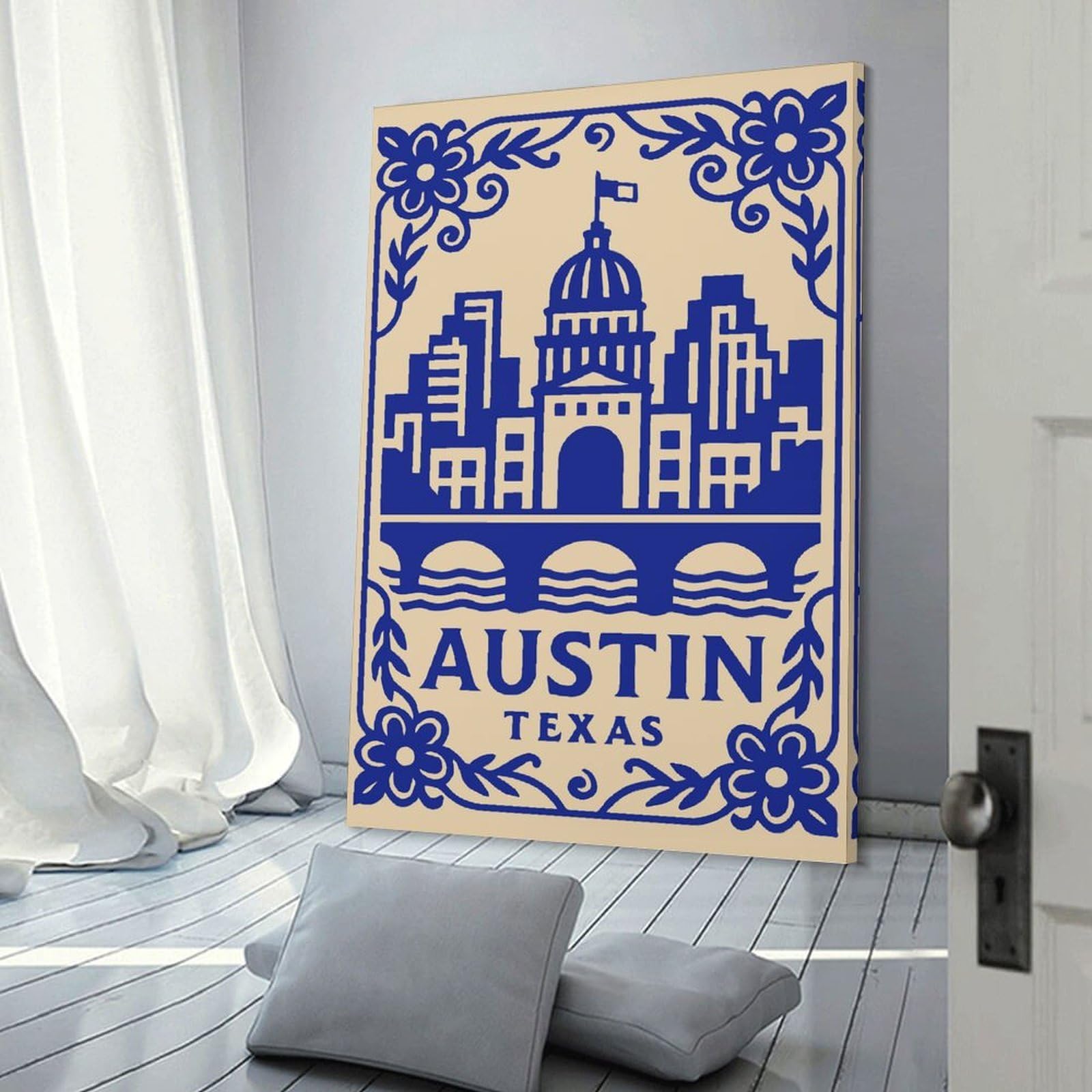 Junmoney Austin Texas Skyline with Floral Border Home Decor Wall Art, 20x30inch(50x75cm), for Living Room, Bedroom Or Apartment Walls, Canvas Styling for A Polished Room Look