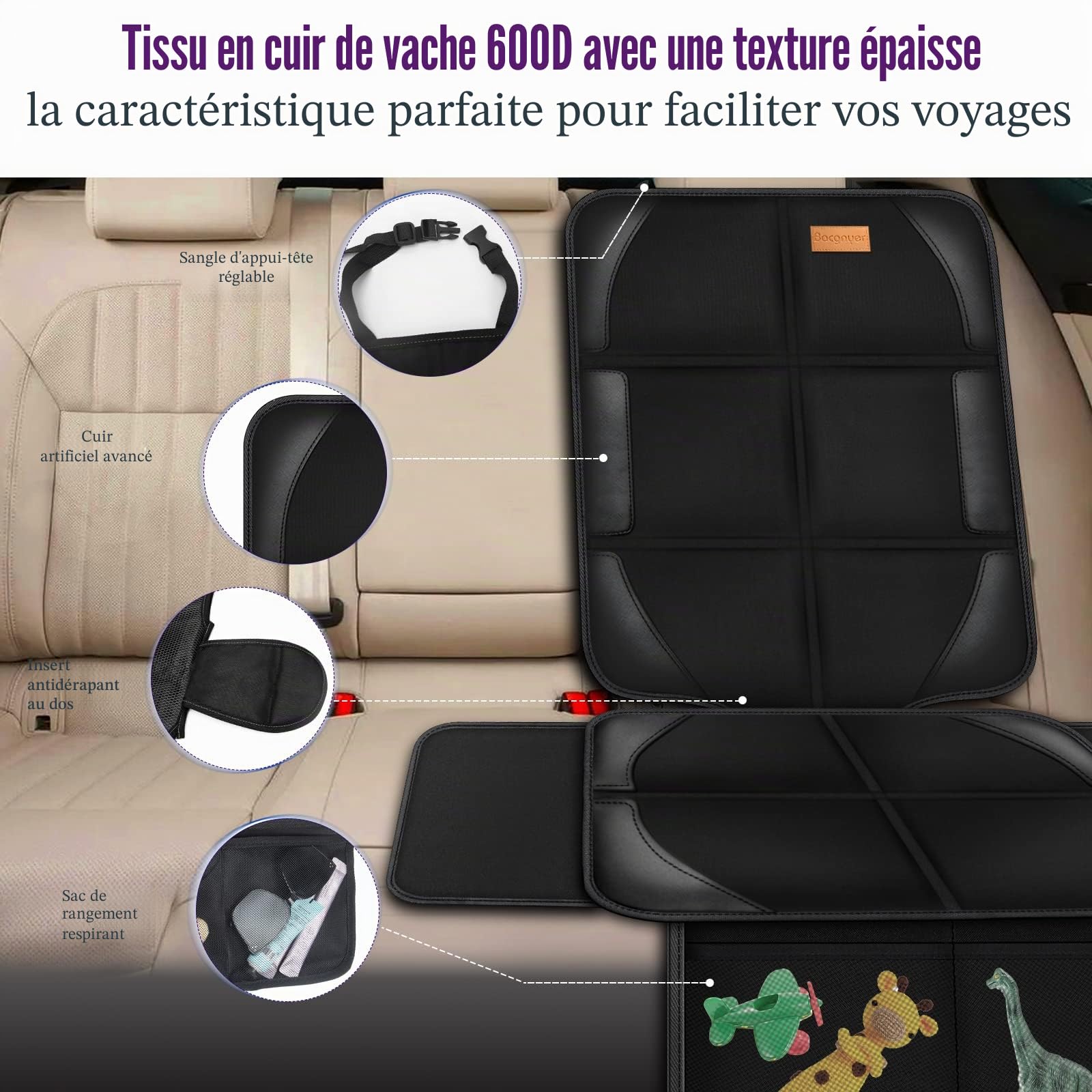 Bacgnyer Protections de SièGe de Voiture, Rembourrage en Tissu 600d éPais, ImperméAble, Durable, AntidéRapant, Protection de SièGe pour Enfants, Convient pour Les BéBéS (Noir, 2 Pièces)