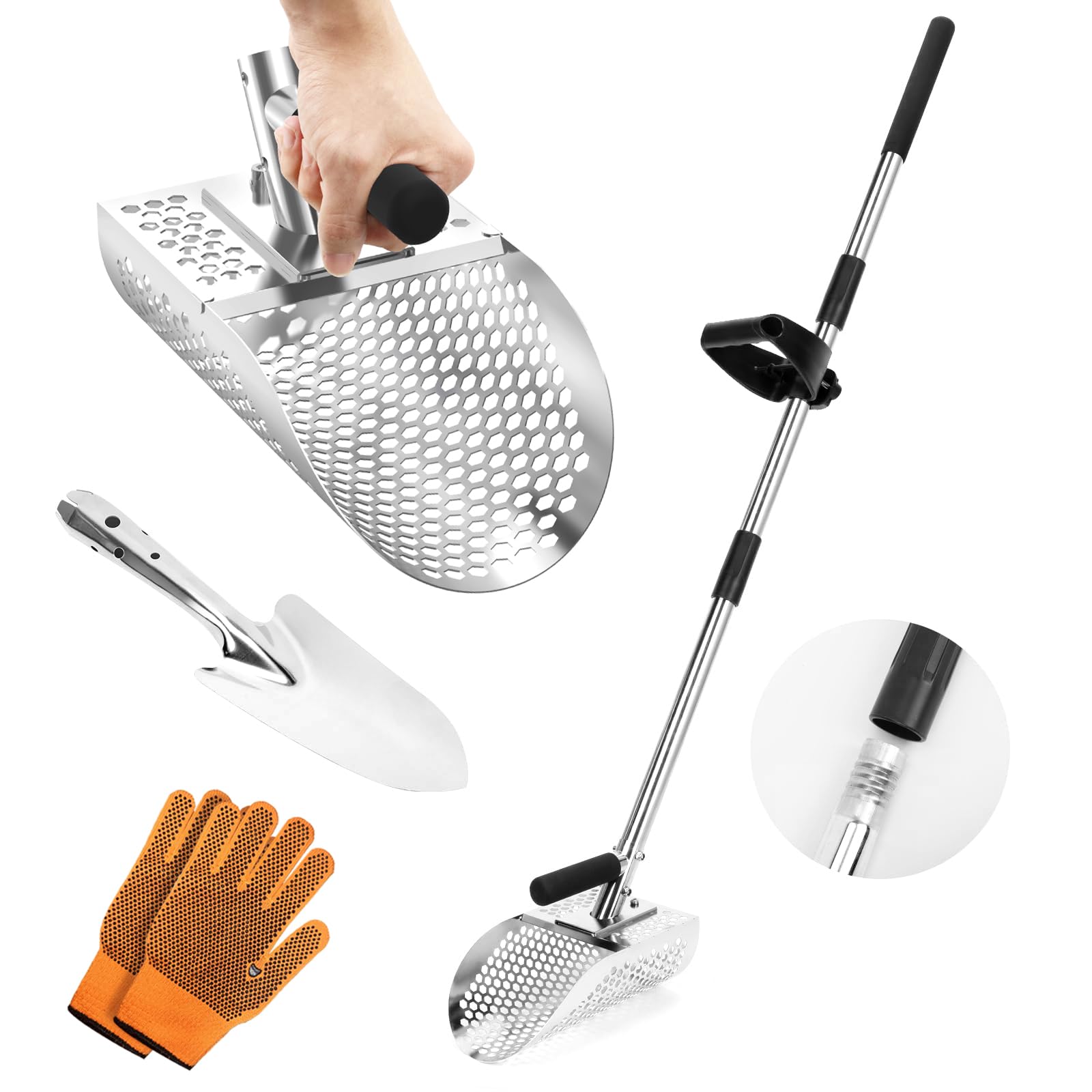 Long Handle Sand Scoop, Stainless Steel Shovel Scoop for Metal Detecting for Adults, Shovel Underwater Treasure Hunting, Adjustable Length, Handheld with Long Steel Handle Pole Design