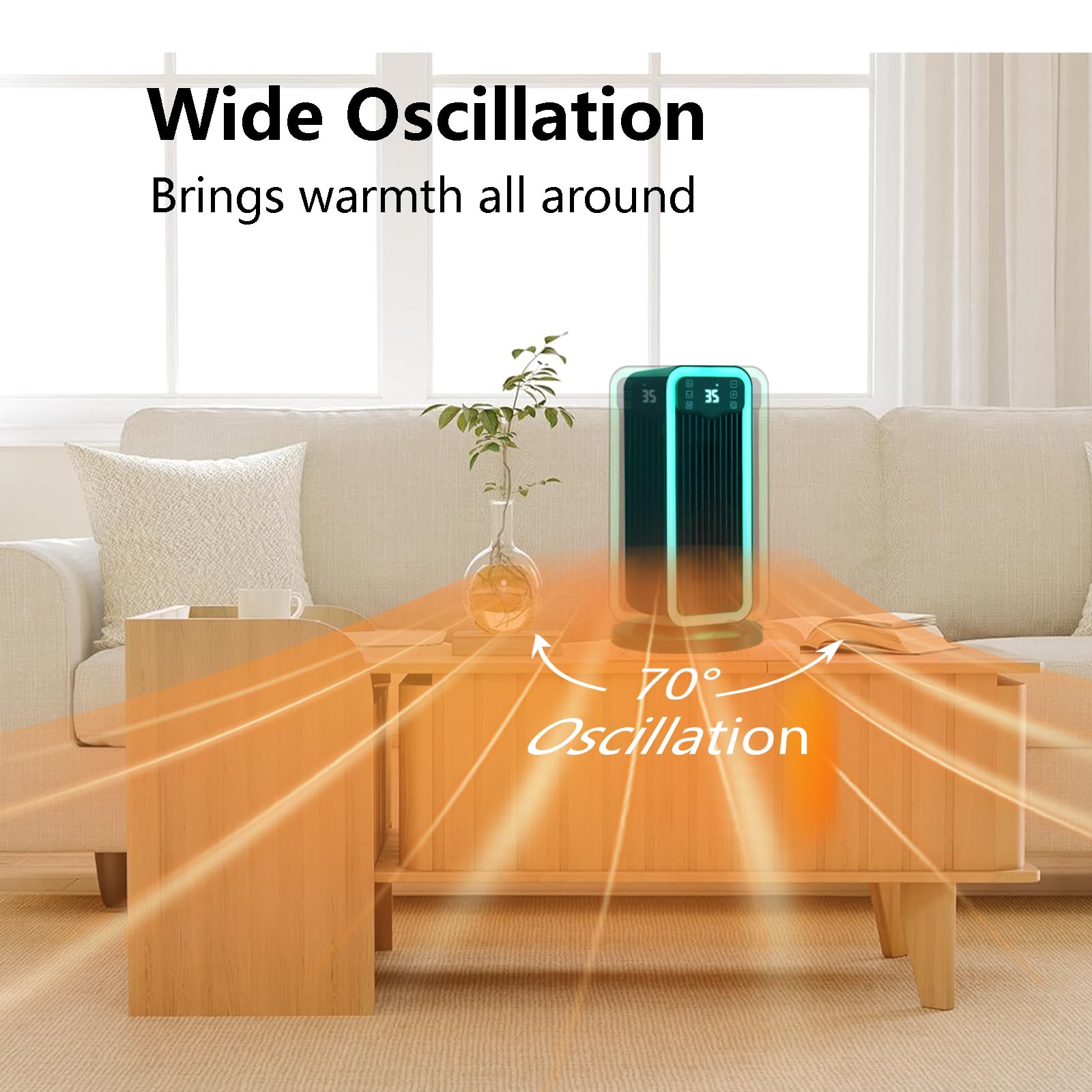 Calefactor Bajo Consumo, 1500W PTC Ceramico Radiador Electrico Portátil con Termostato, Remoto, Oscilación 70°, Temporizador 12H, Protección Contra Sobrecalentamiento y Vuelco, Dormitorio