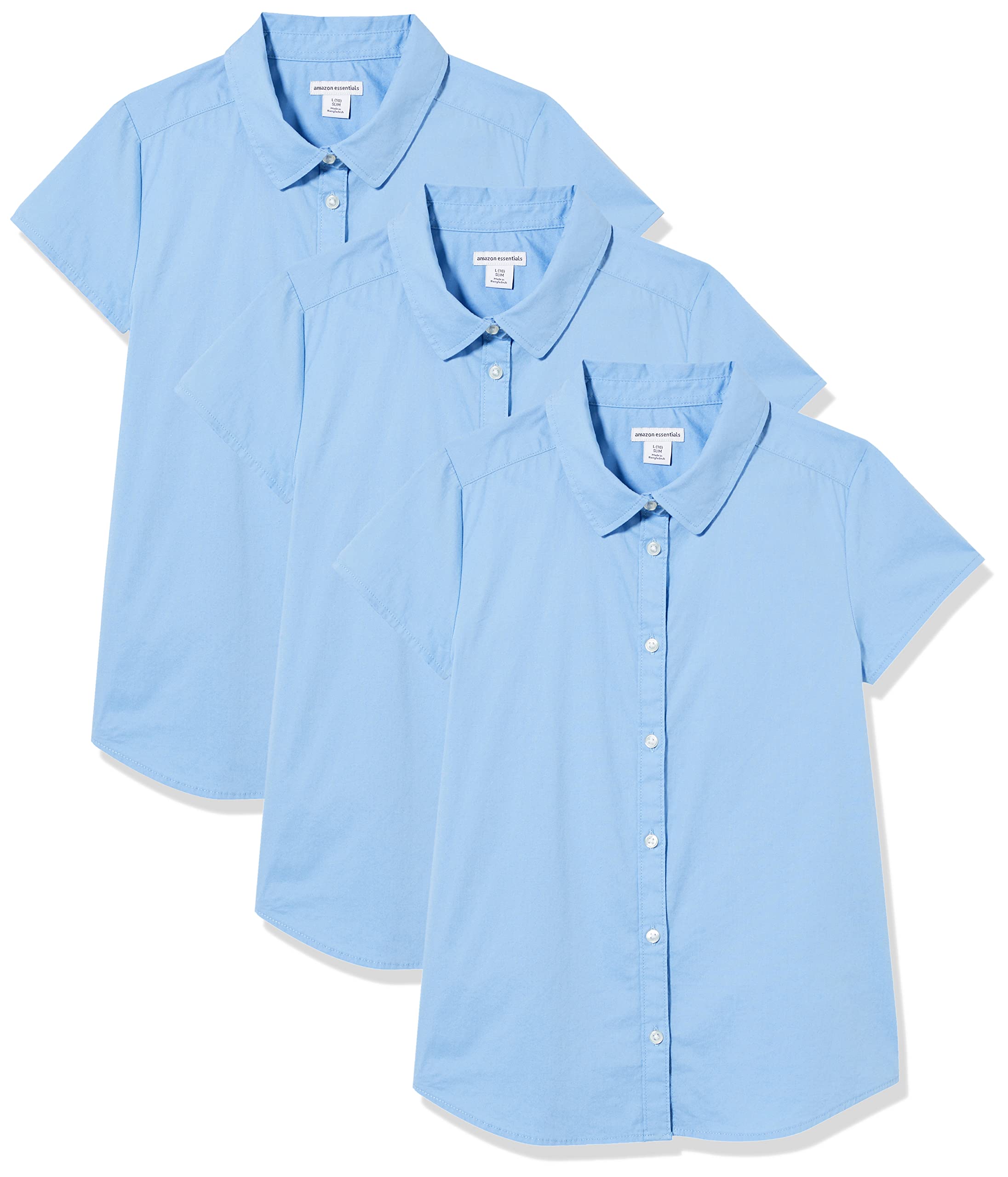 Amazon Essentials Camisas de Popelina elástica con Cuello Abotonado y Manga Corta para Uniforme Niña, Pack de 3