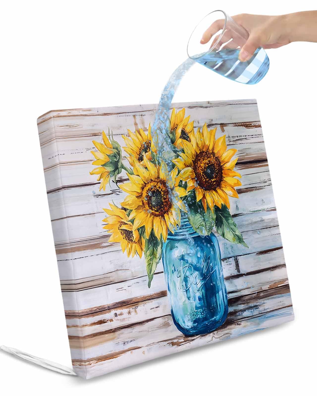 2 Pack Sunflower Waterproof Cushion Covers with Ties, Outdoor Patio Chaise Lounge Chair Seat Cushion Slip Covers Replacement(Only Cover) Watercolor Yellow Floral Vintage Wooden Grain 20