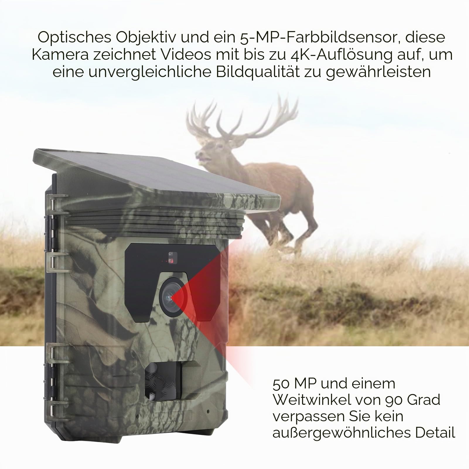 GOWENIC Solar Trail Kamera, 4K 50 MP HD Nachtsicht Sun Powered Solar Game Wildlife Jagd Trail Kameras, IP65 wasserdichte IR-Bewegungs Erkennungs Jagd Kamera, Schleifen für die Jagd