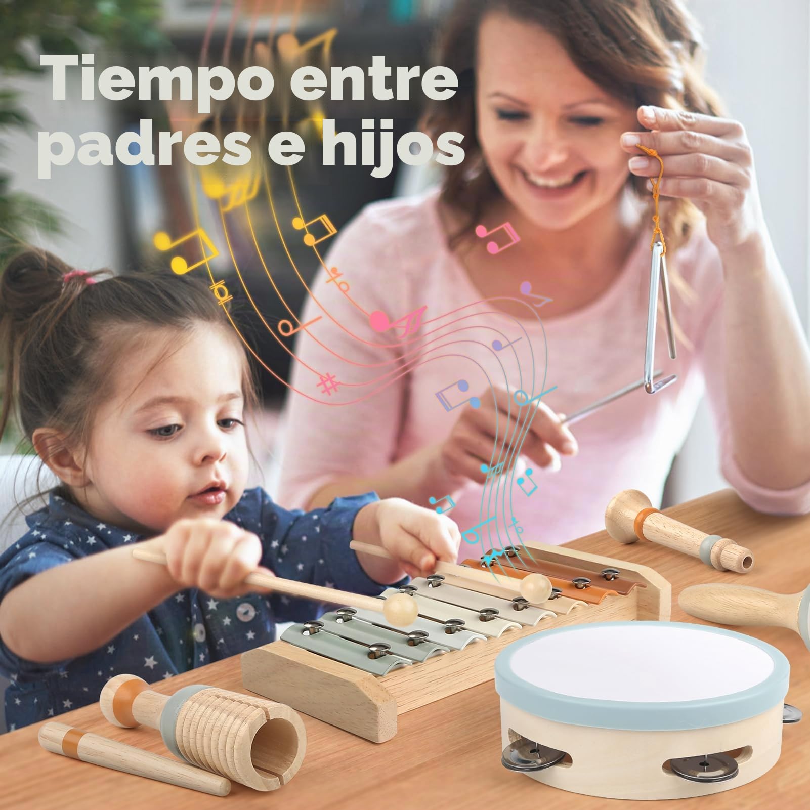 Juguetes niños Instrumentos Musicales Juguetes Madera para Bebes Xilófono Tambor Juguetes Montessori 3 Años, Desarrollo Educativo Juguetes Musicales
