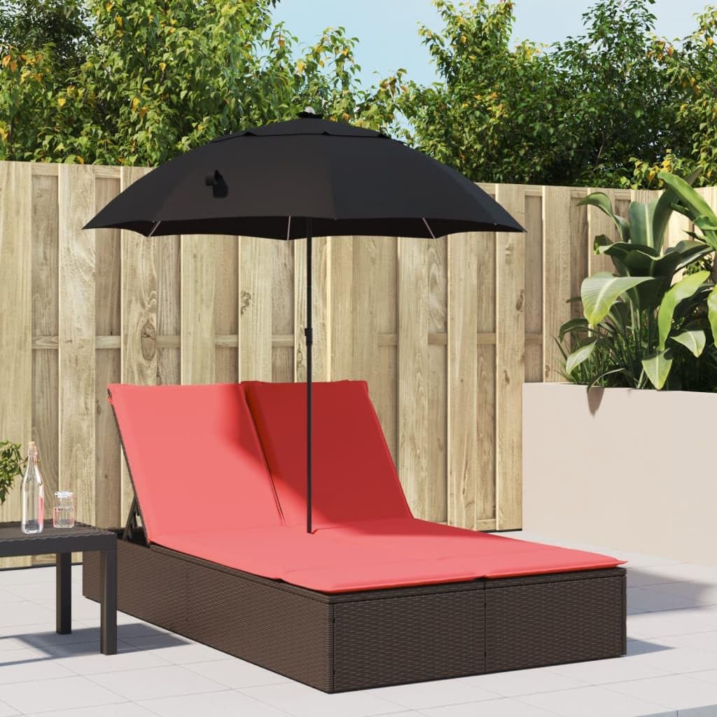 Chaise Longue Double en Résine Tressée Marron avec Parasol Rouge et Coussins Lavables - Lit de Jardin 2 Places avec Dossier Réglable pour Terrasse et Piscine - 200 x 164 x 176 cm