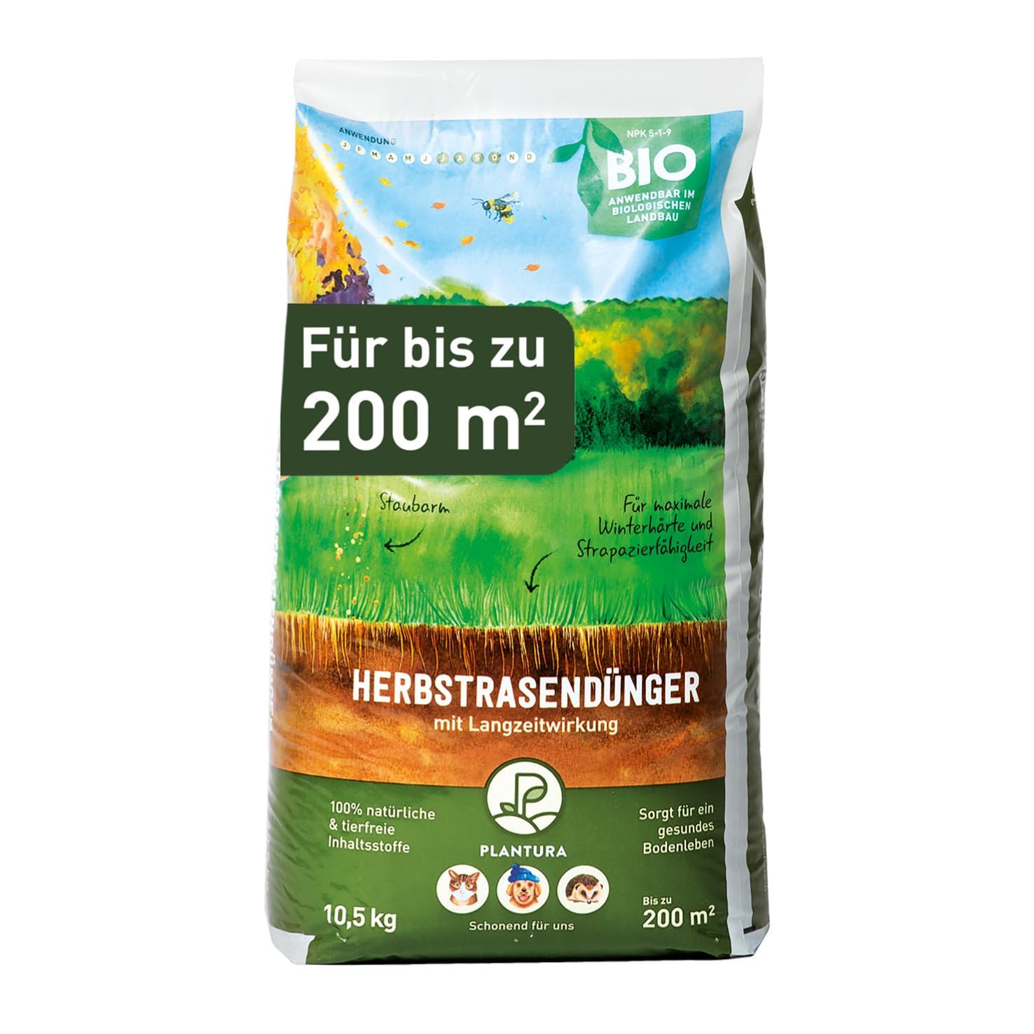 Plantura Bio-Herbstrasendünger, 3 Monate Langzeitwirkung, Kaliumdünger für maximale Winterhärte, Streuwagen geeignet, 10,5 kg für 200 m²