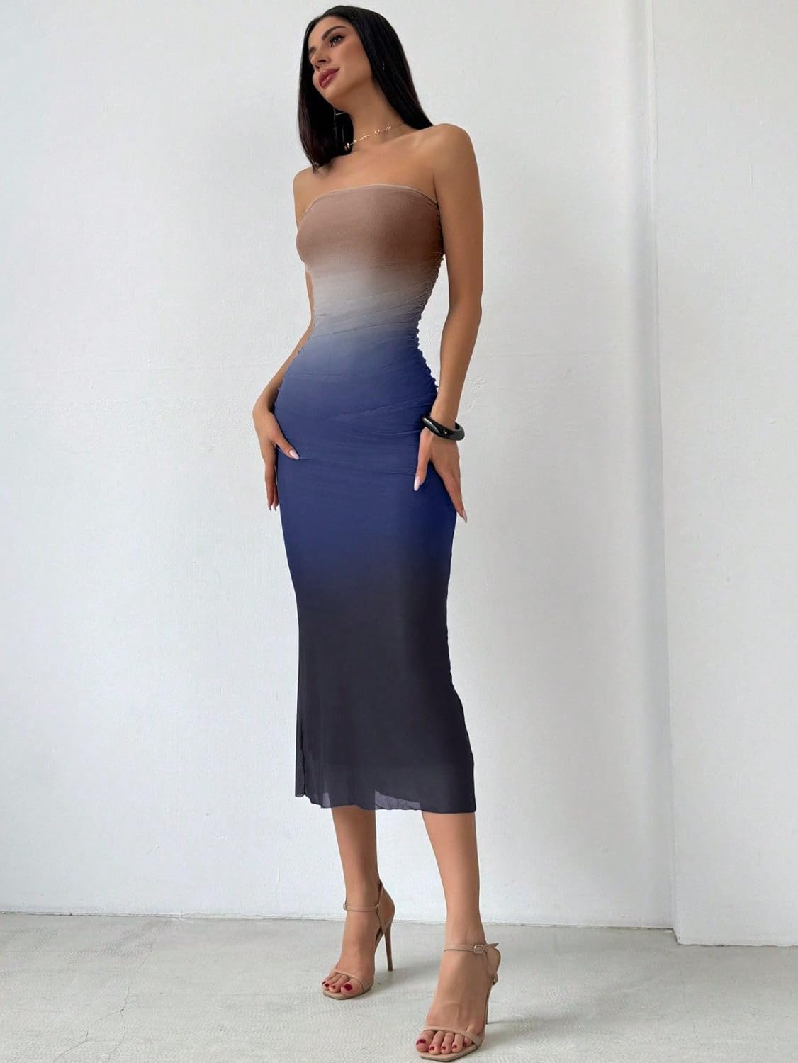 LIGHT DOT Women's Summer Dress Ombre Strapless Tube Gradient Bodycon Long Side Slit Mesh Layered (Brown Blue,L) - Image 5